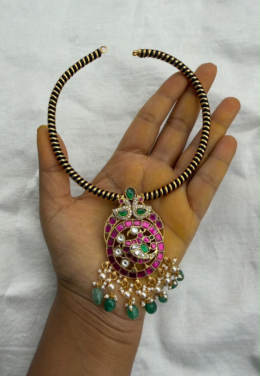 Three peacock real kundan cz stone locket