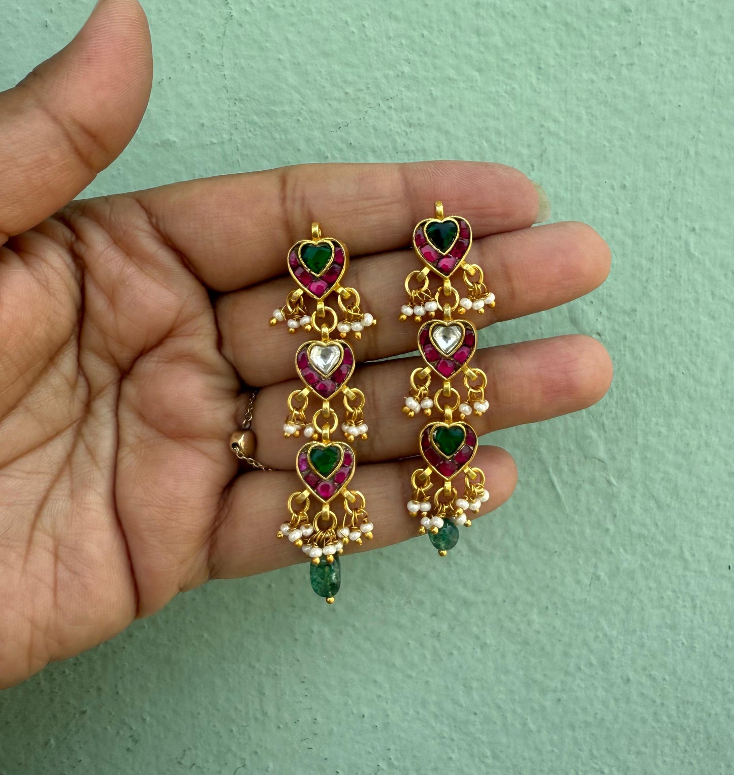 Three layered real Kundan heart round earrings