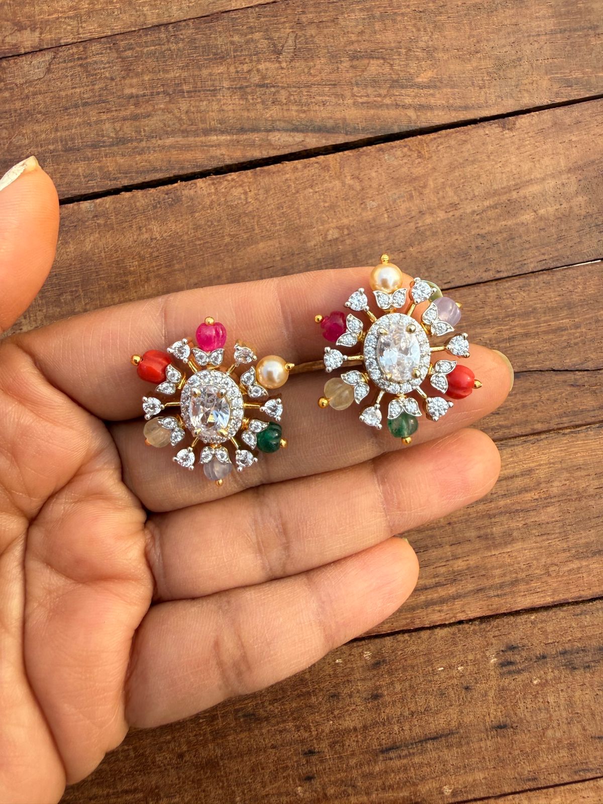 Multi coloured polki moissanite studs / navaratan