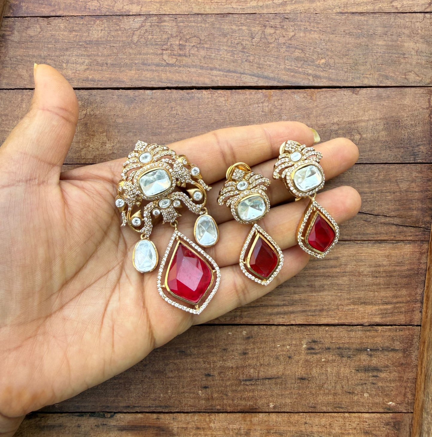 Dual peacock doublet stone locket with Earrings