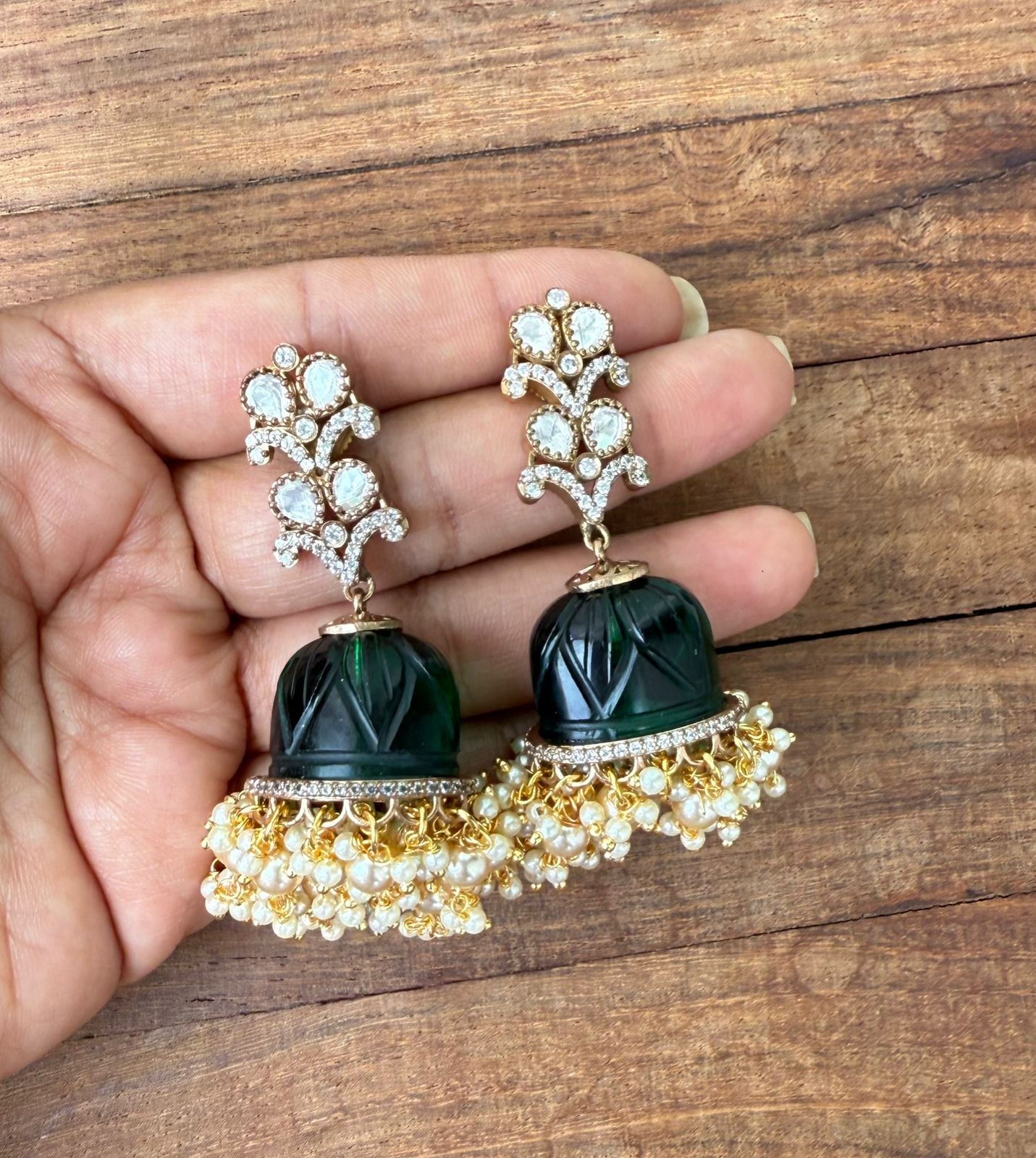 Rosegold flower embossed double layered pearl hanging jhumkas