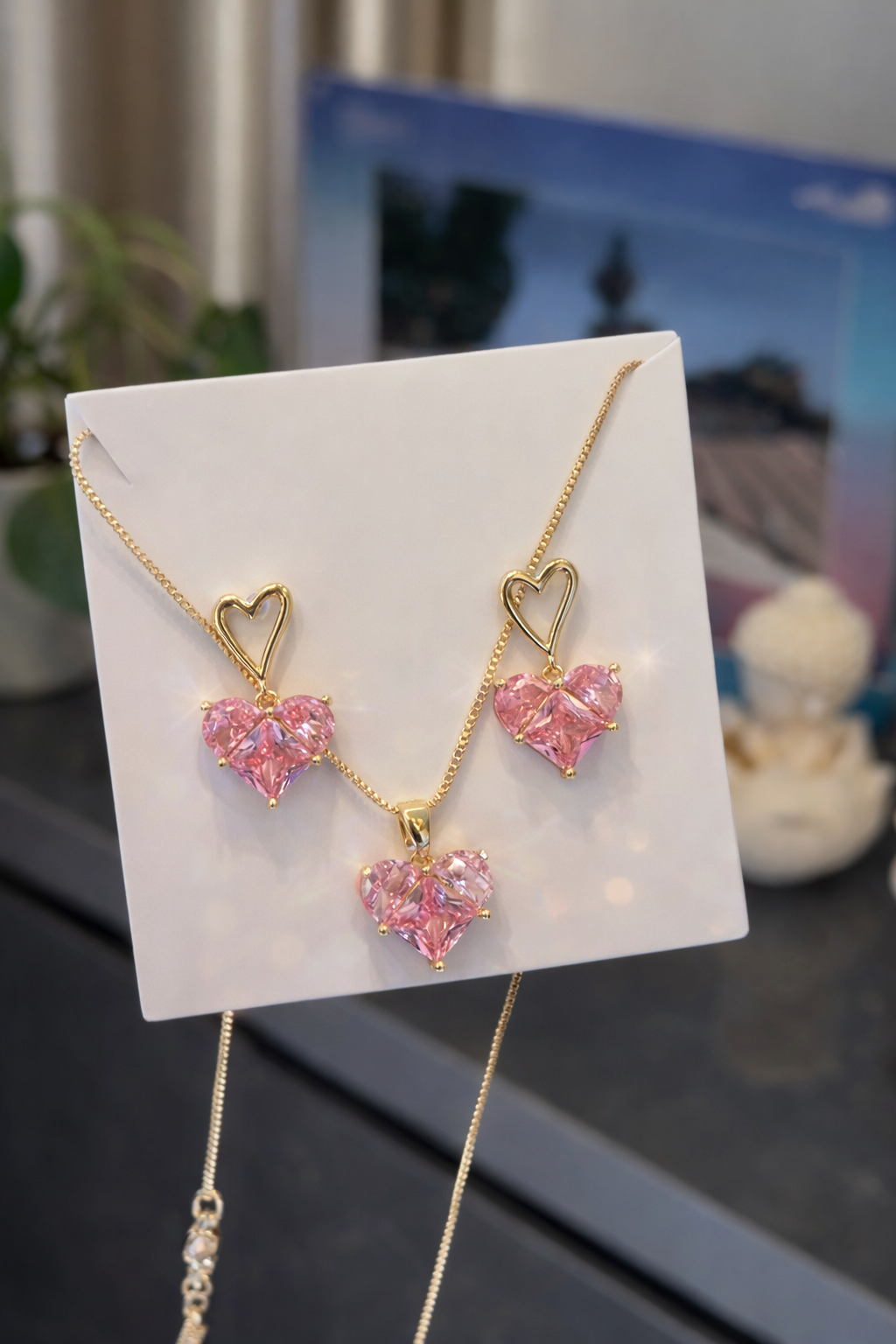 Pink zircon heart locket combo with earrings