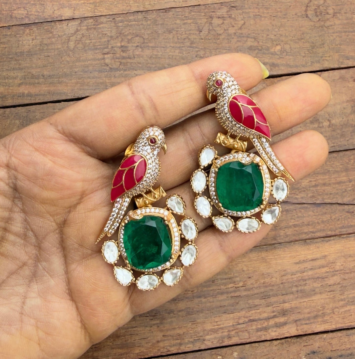 Parrot moissanite polki kundan doublet stone designer earrings