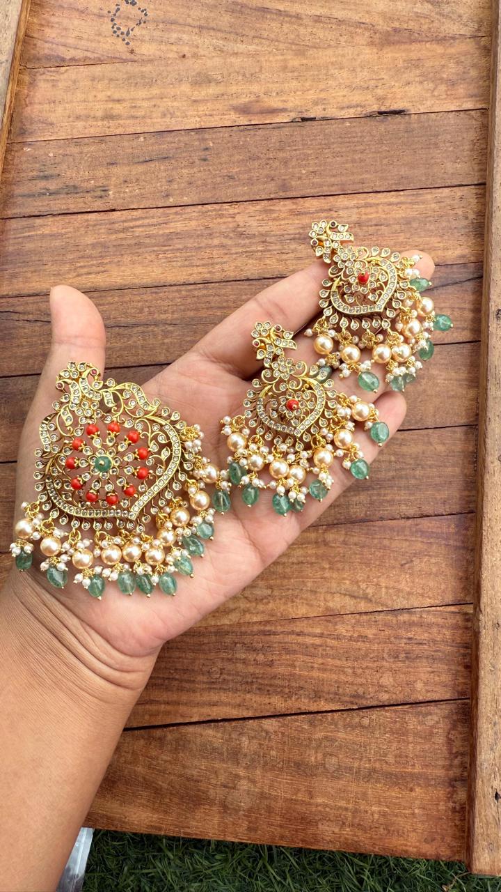 Coral heavy dual peacock locket combo gold finish with chandbalis