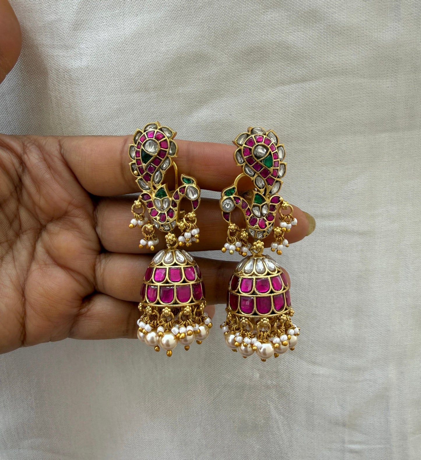 Sleek peacock real kundan designer jhumkas 5