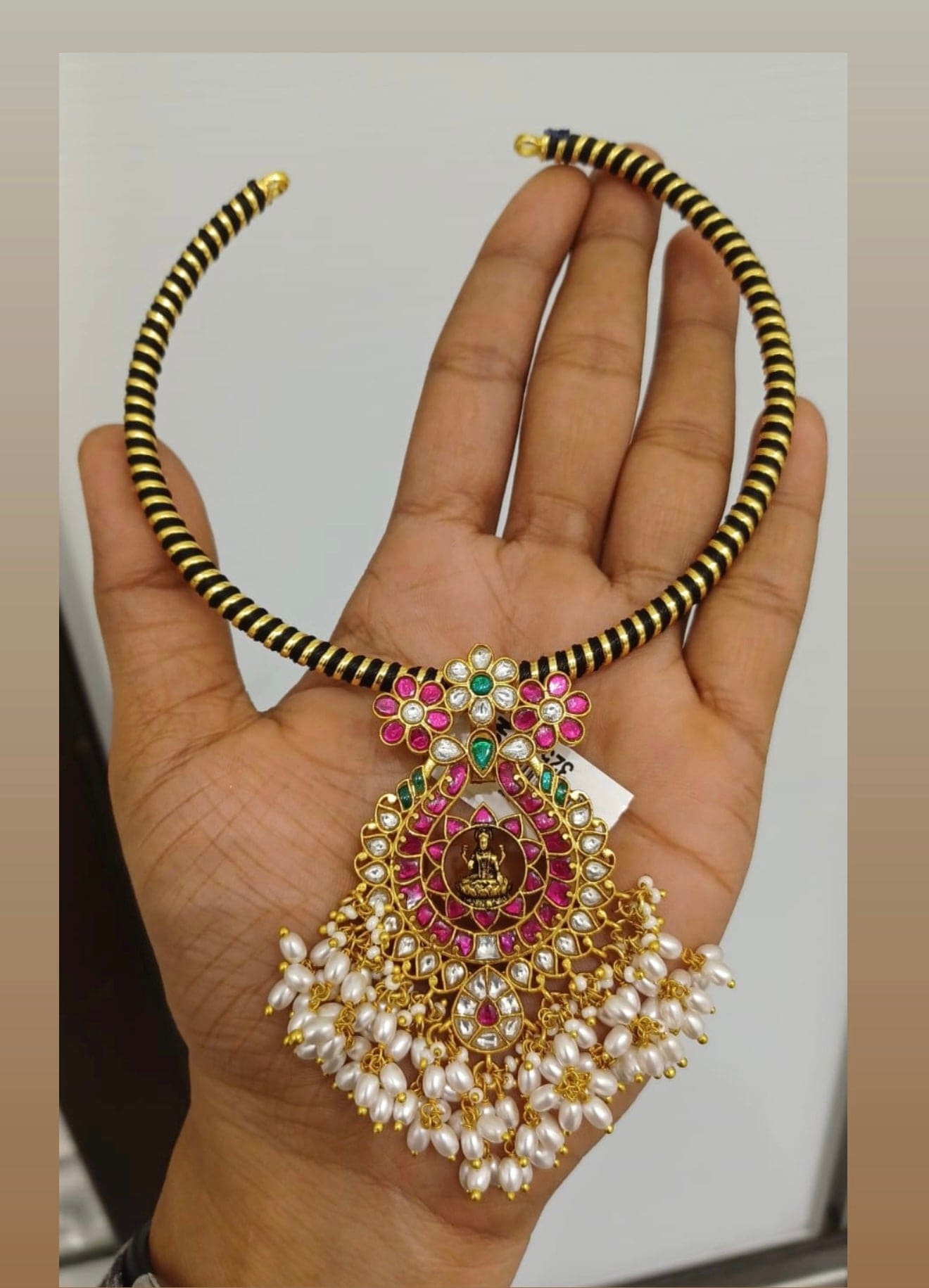 Lakshmi devi real kundan rice pearl locket w/o black hasli