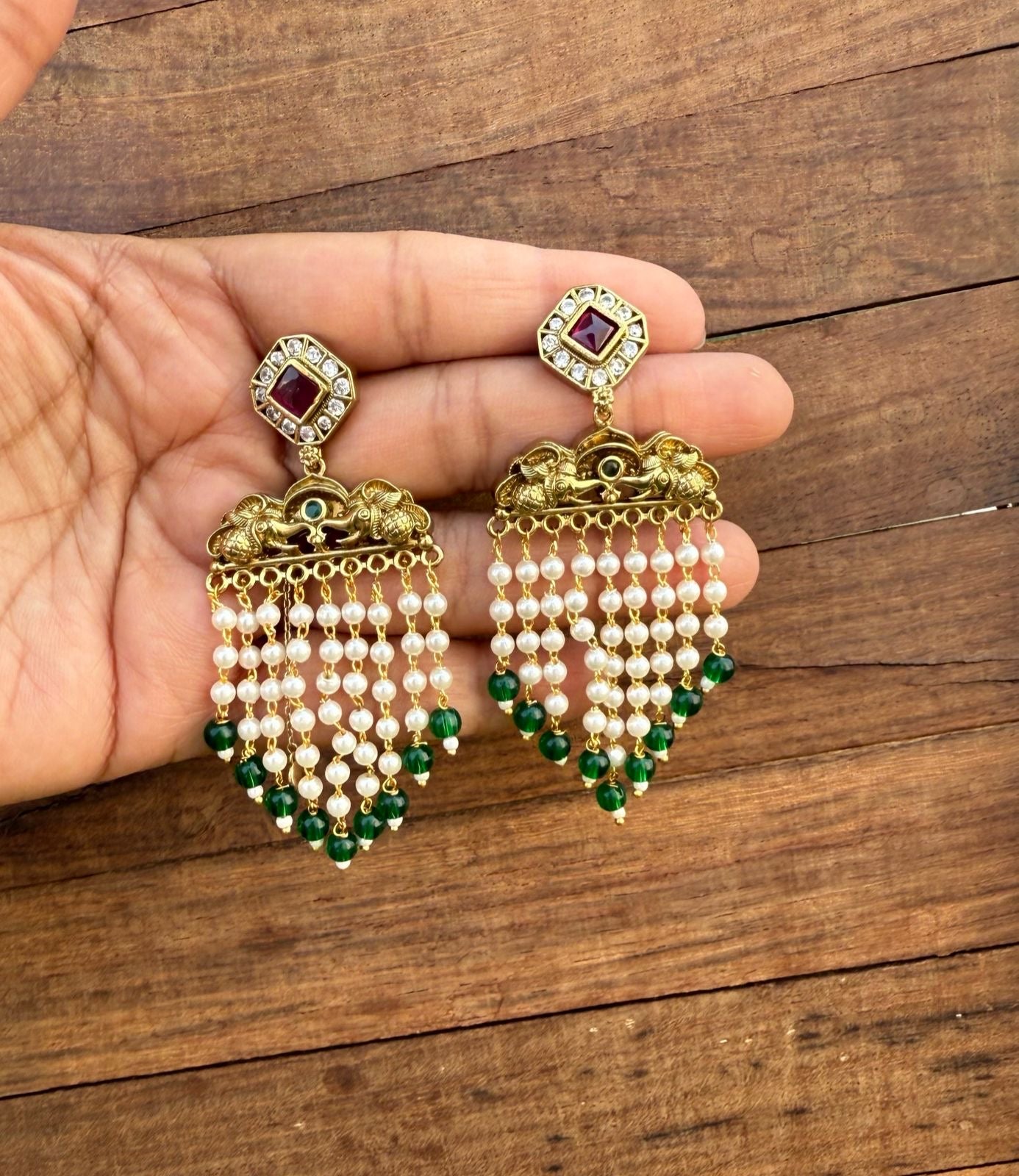 Dual elephant antique pearl hanging chandbalis