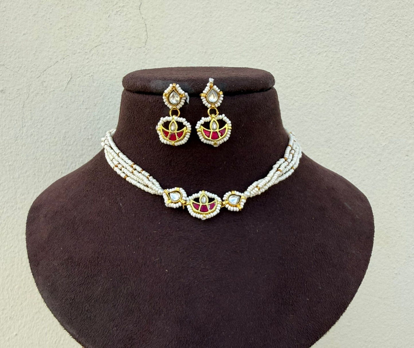Diya style real kundan pearl choker with earrings