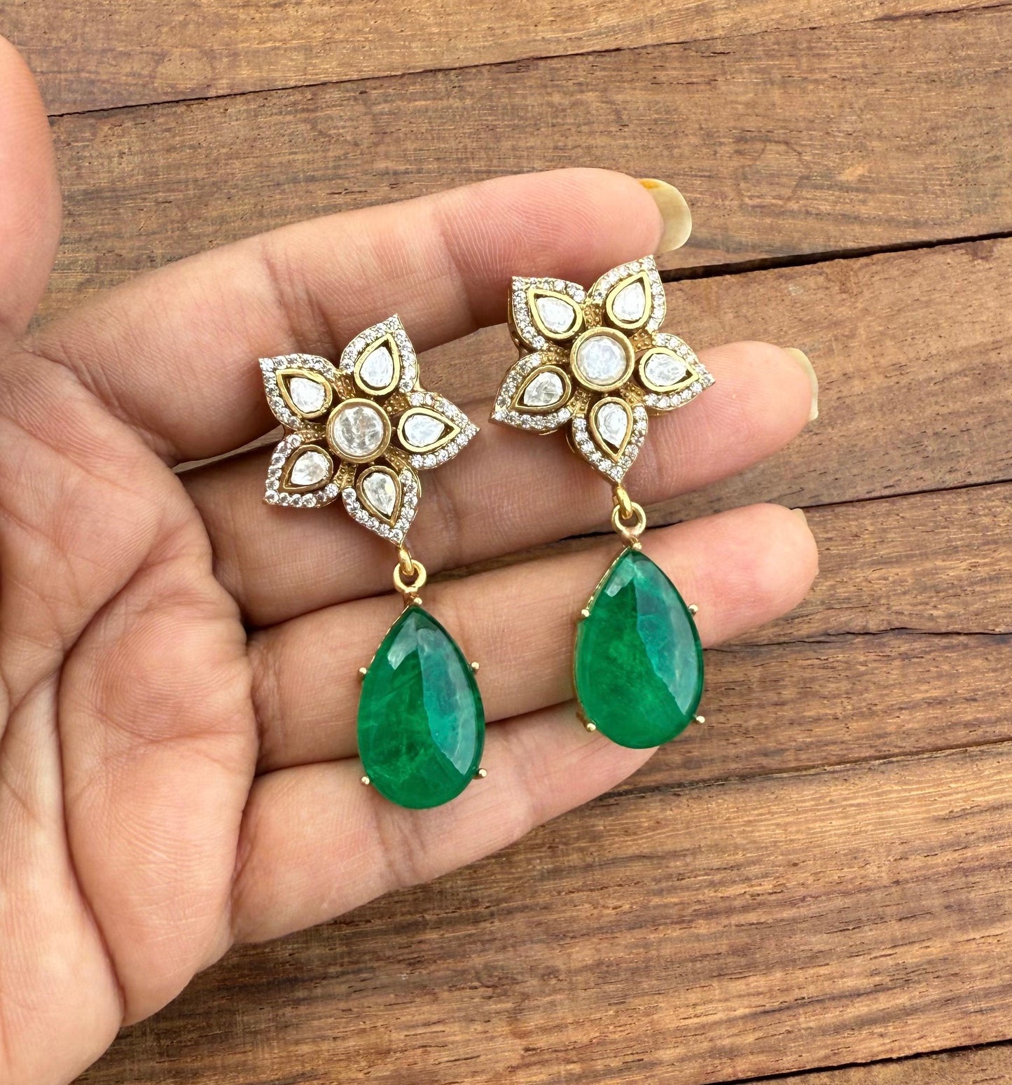 Flower moissanite double stone designer pearl drop earrings