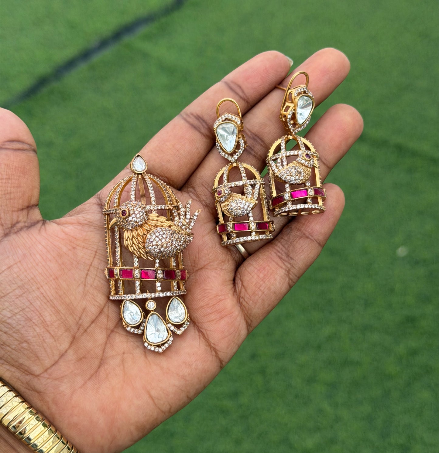 Designer fusion real kundan polki parrot cage locket combo