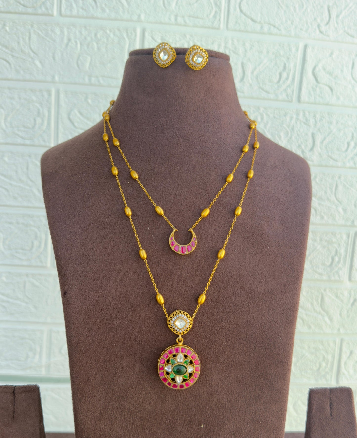Two layered moon flower drop real kundan moissanite necklace with studs