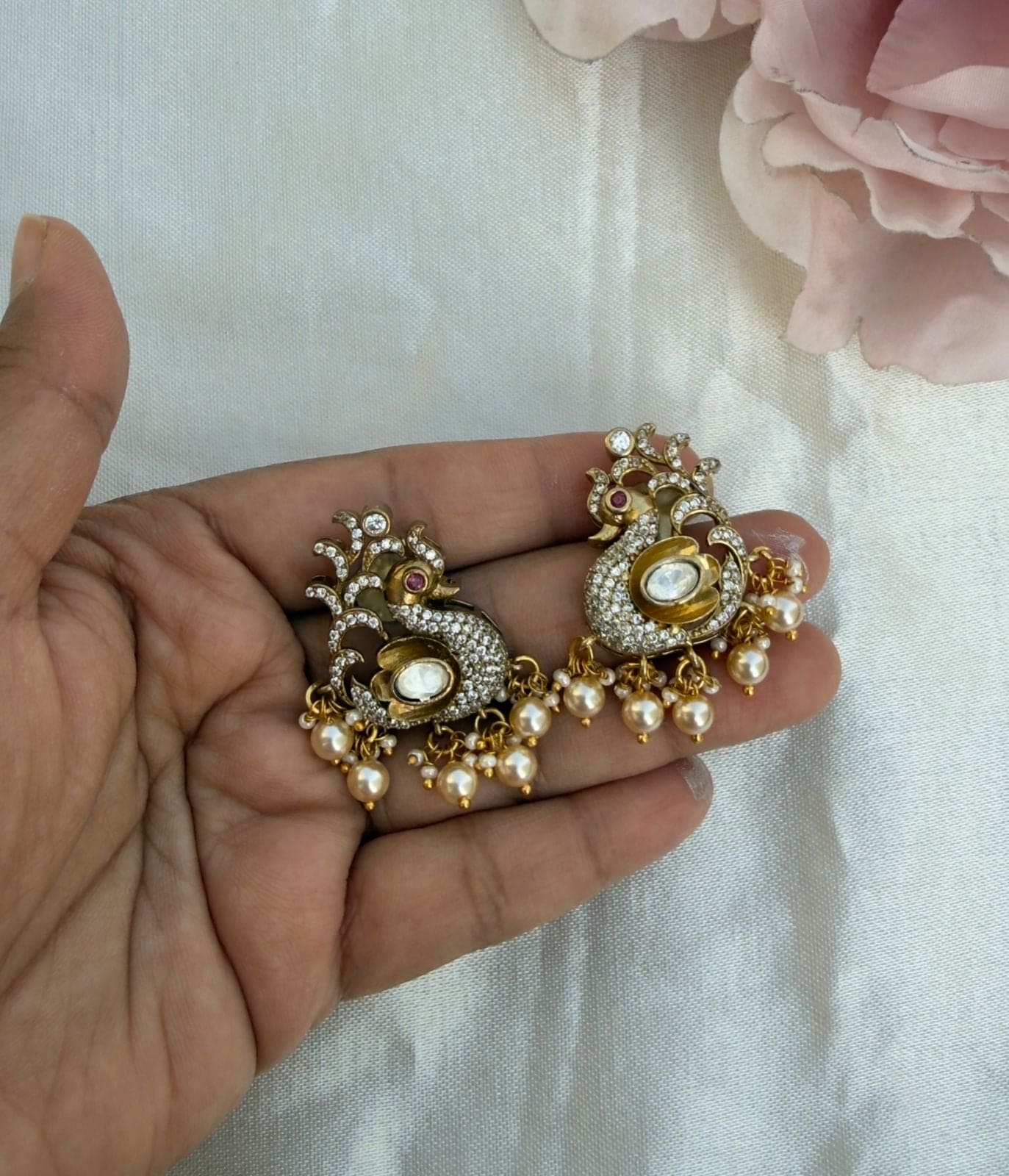Silver look alike moissanite peacock studs