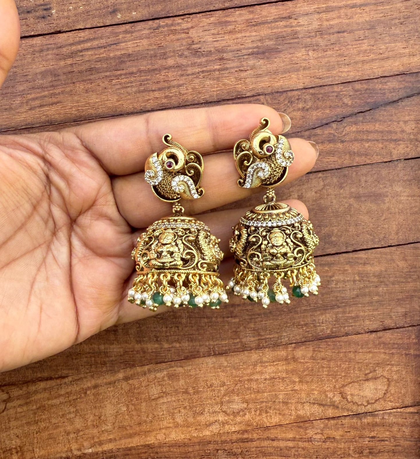 Antique finish peacock Lakshmi Devi jhumkas design5