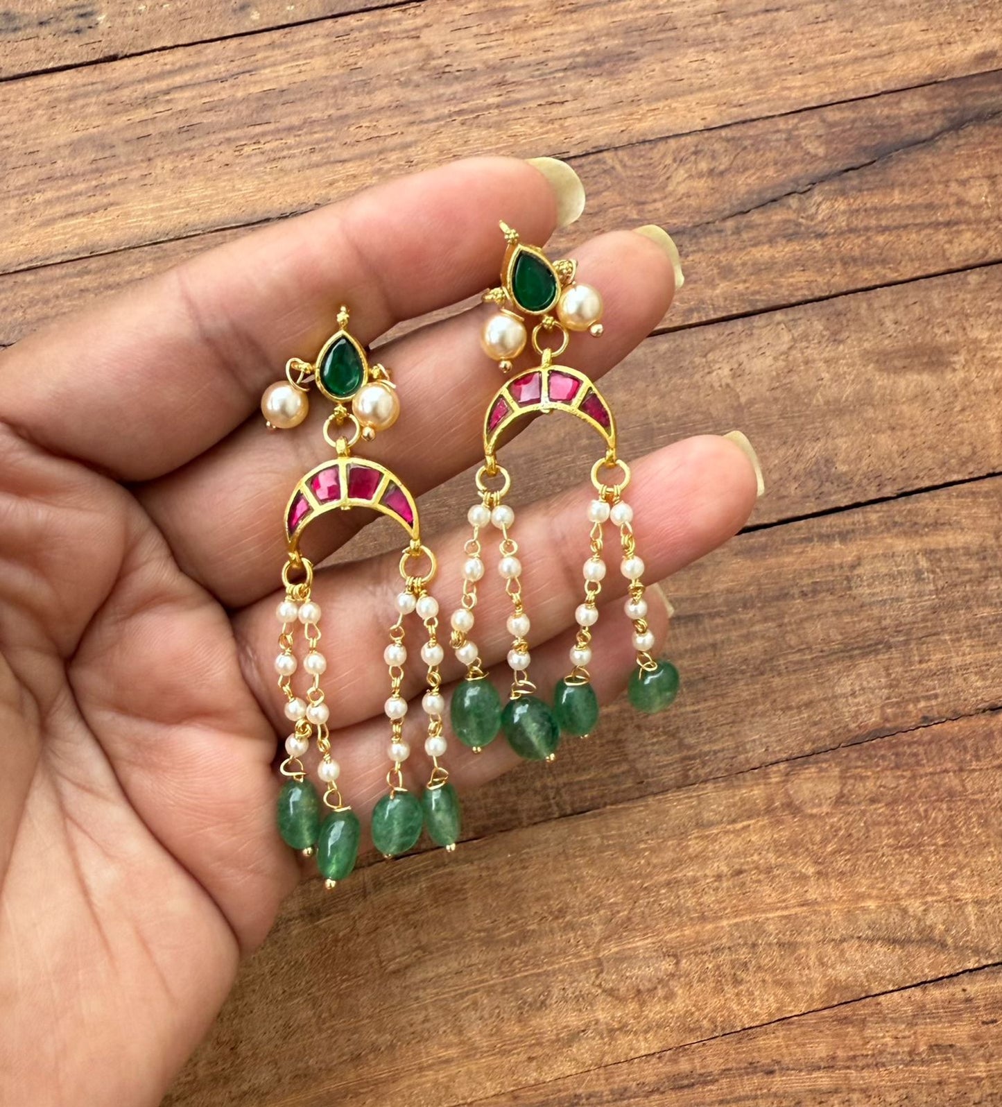 Real kundan reverse moon pearl hanging earrings