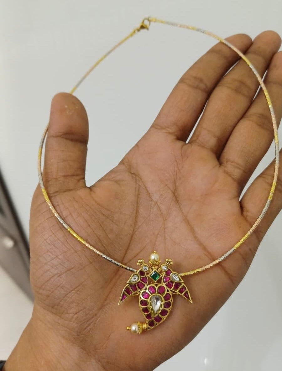 Dual peacock mango real kundan locket w/o hasli