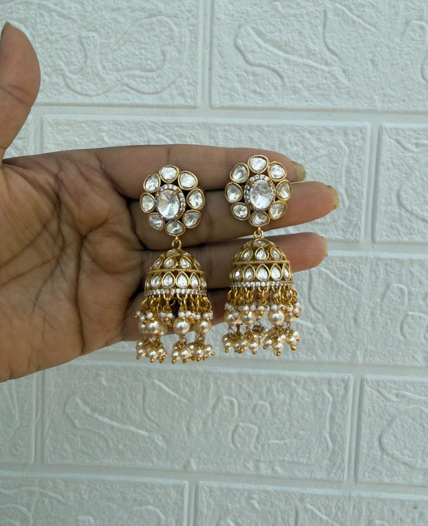 Oval moissanite two layered pearl designer jhumkas