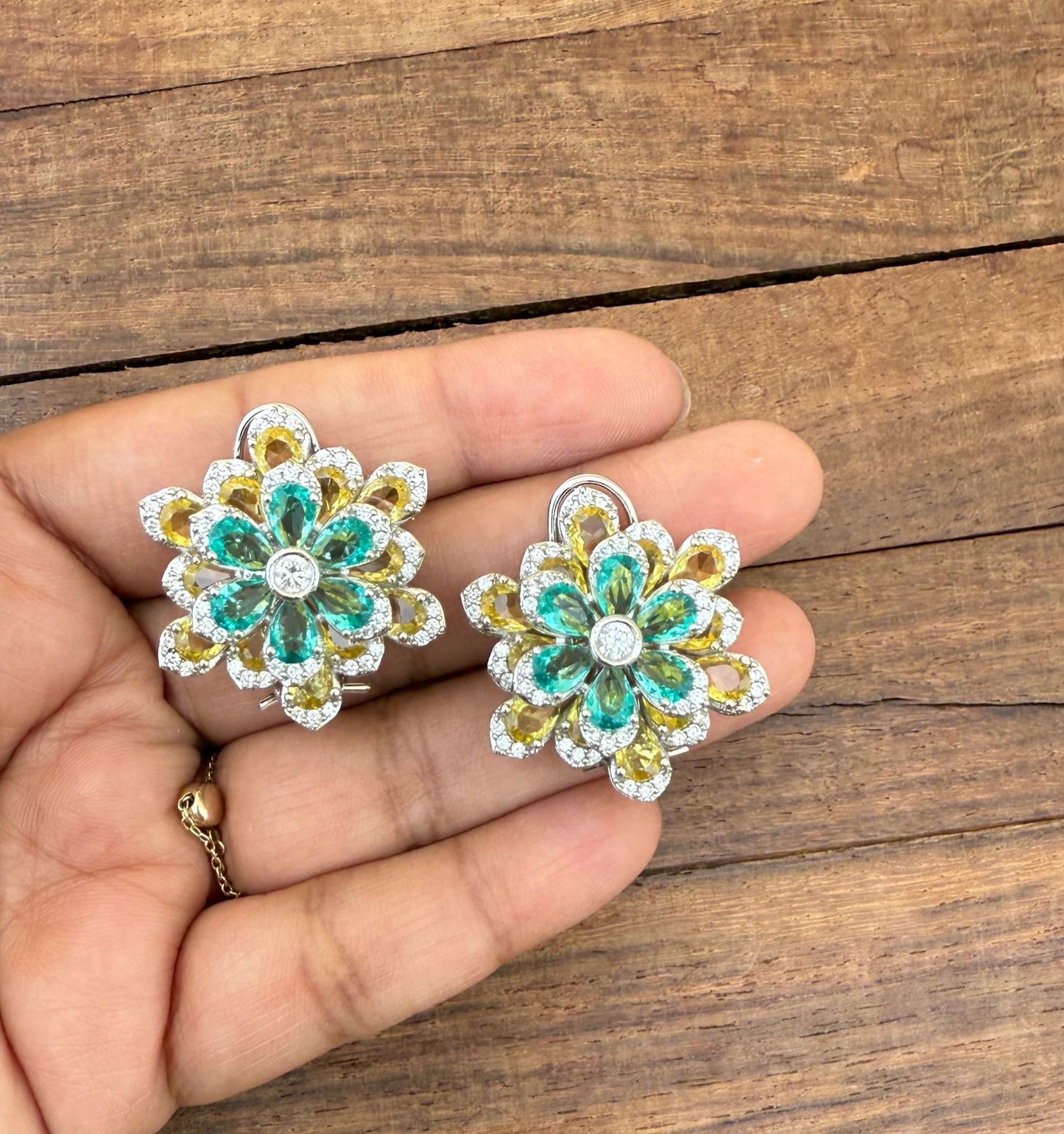 2 in 1 changeable dual shaded flower zircon cocktail studs