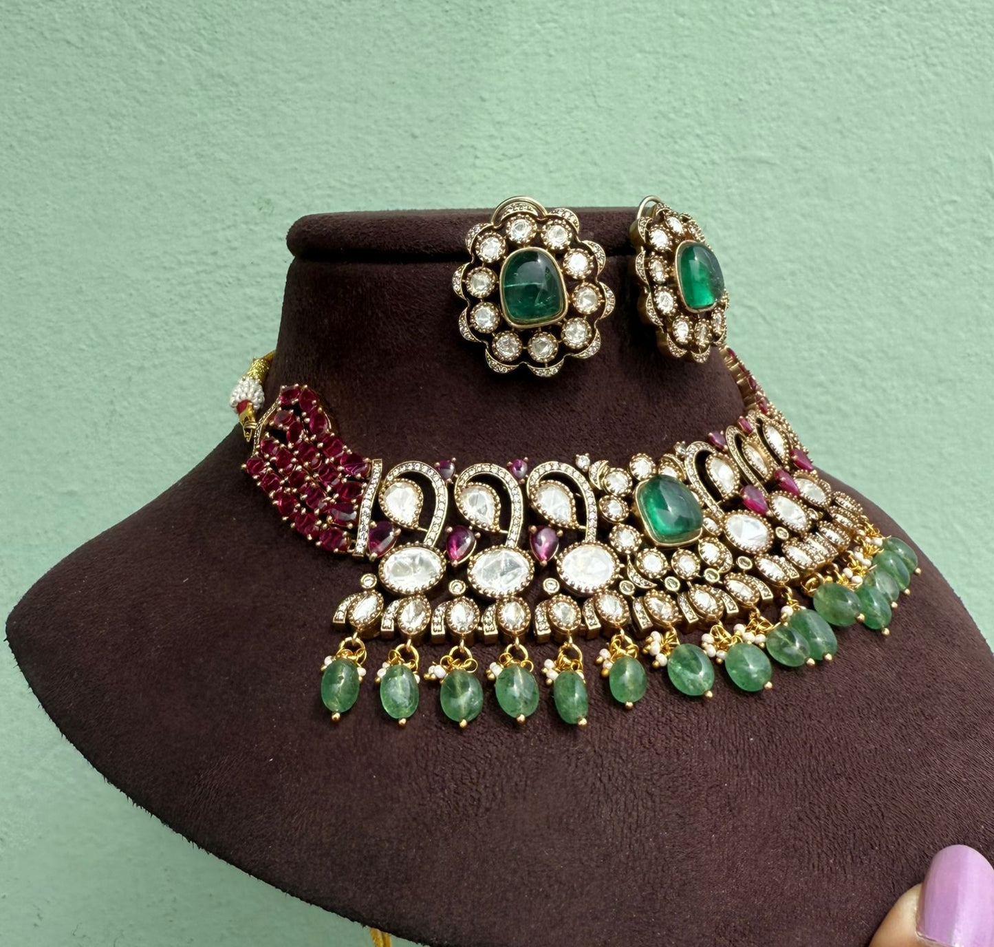 Designer heavy look peacock moissanite choker with earrings