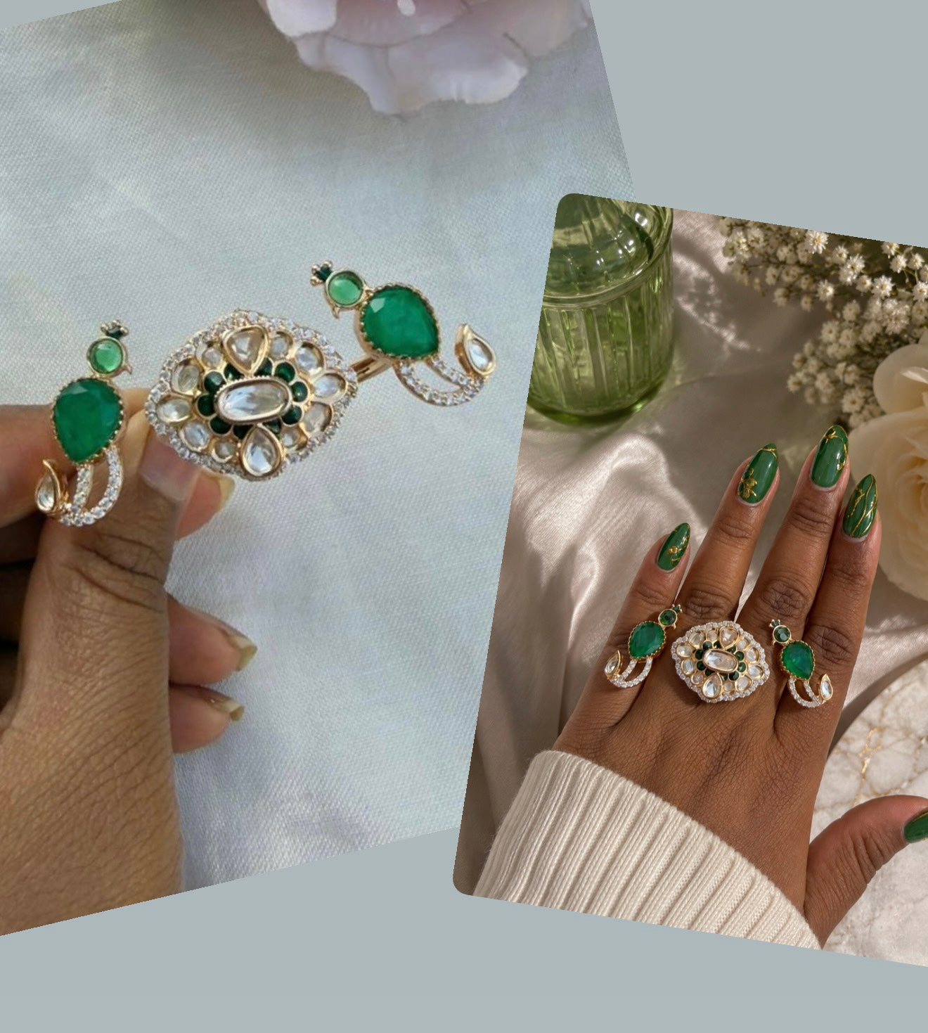 Cocktail finger ring polkis and parrot green adjustable