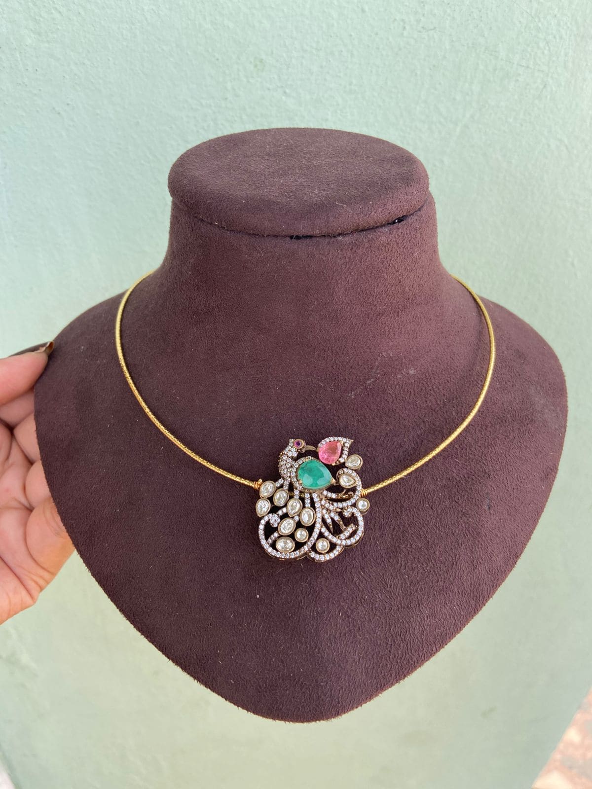 Dual shade Moissanite stones Victorian peacock necklace