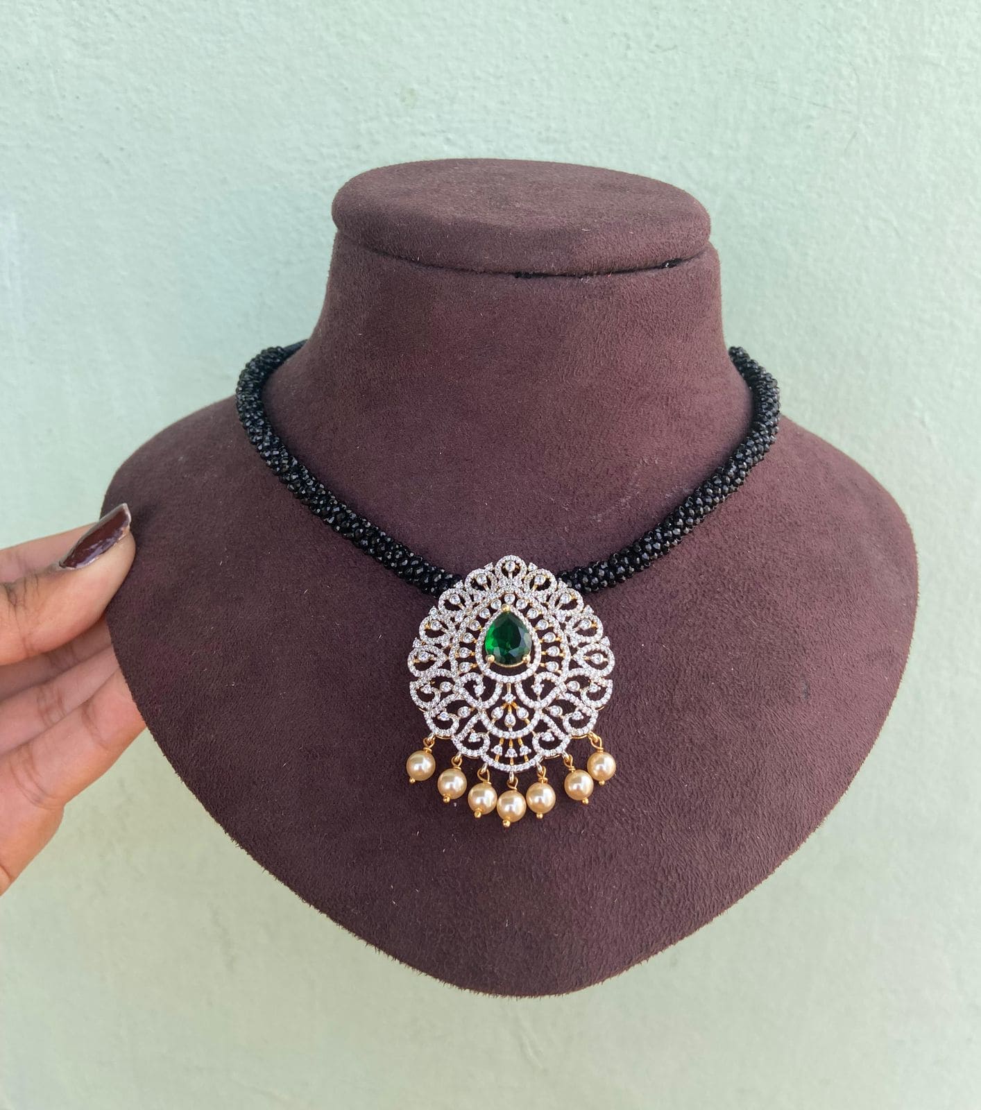 Diamond look alike emerald stone necklace