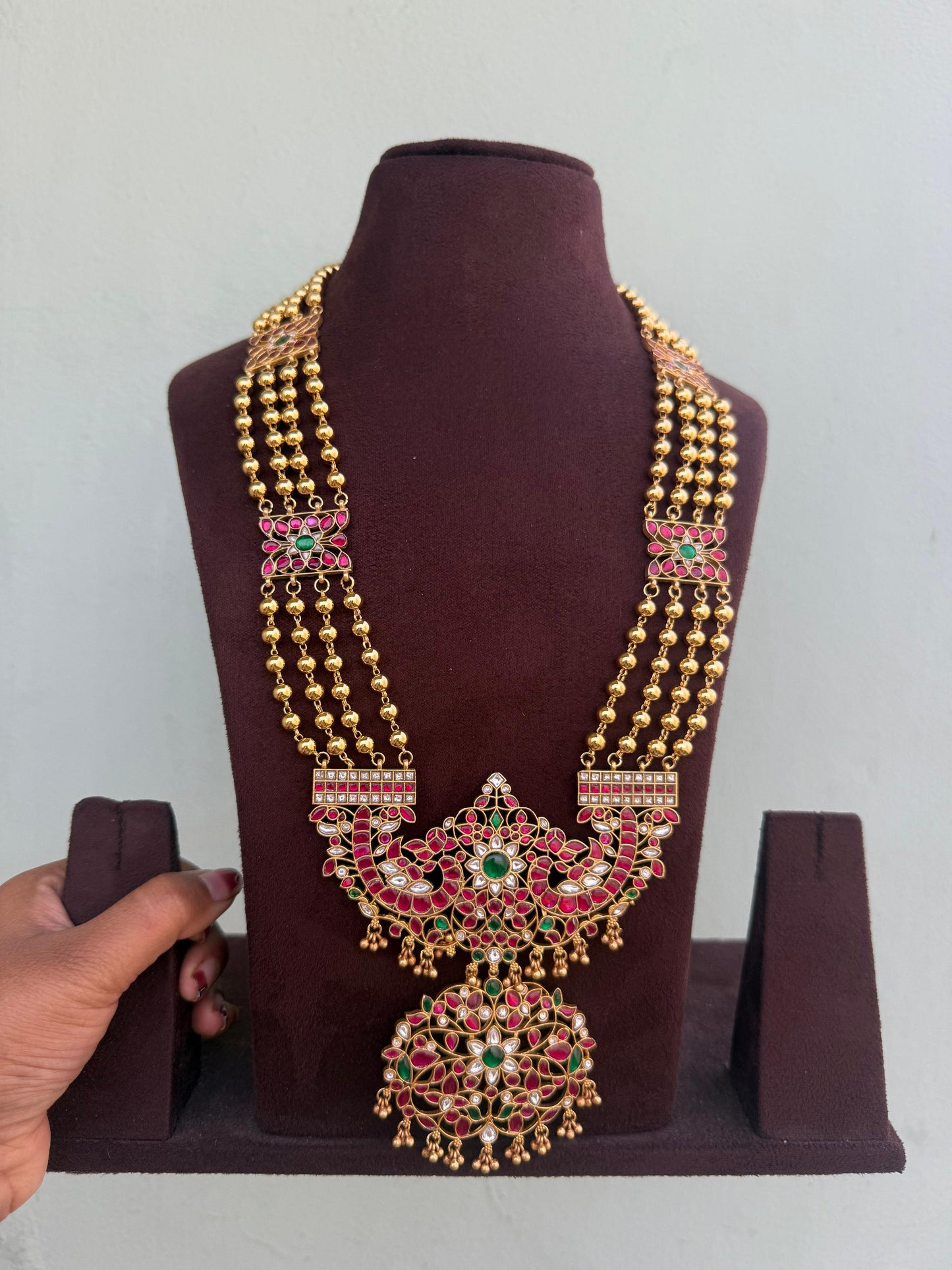 Dual peacock heavy look real Kundan golden balls necklace