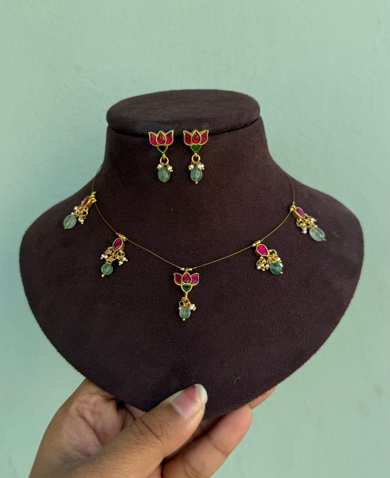 Cute Lotus real Kundan invisible necklace with earrings