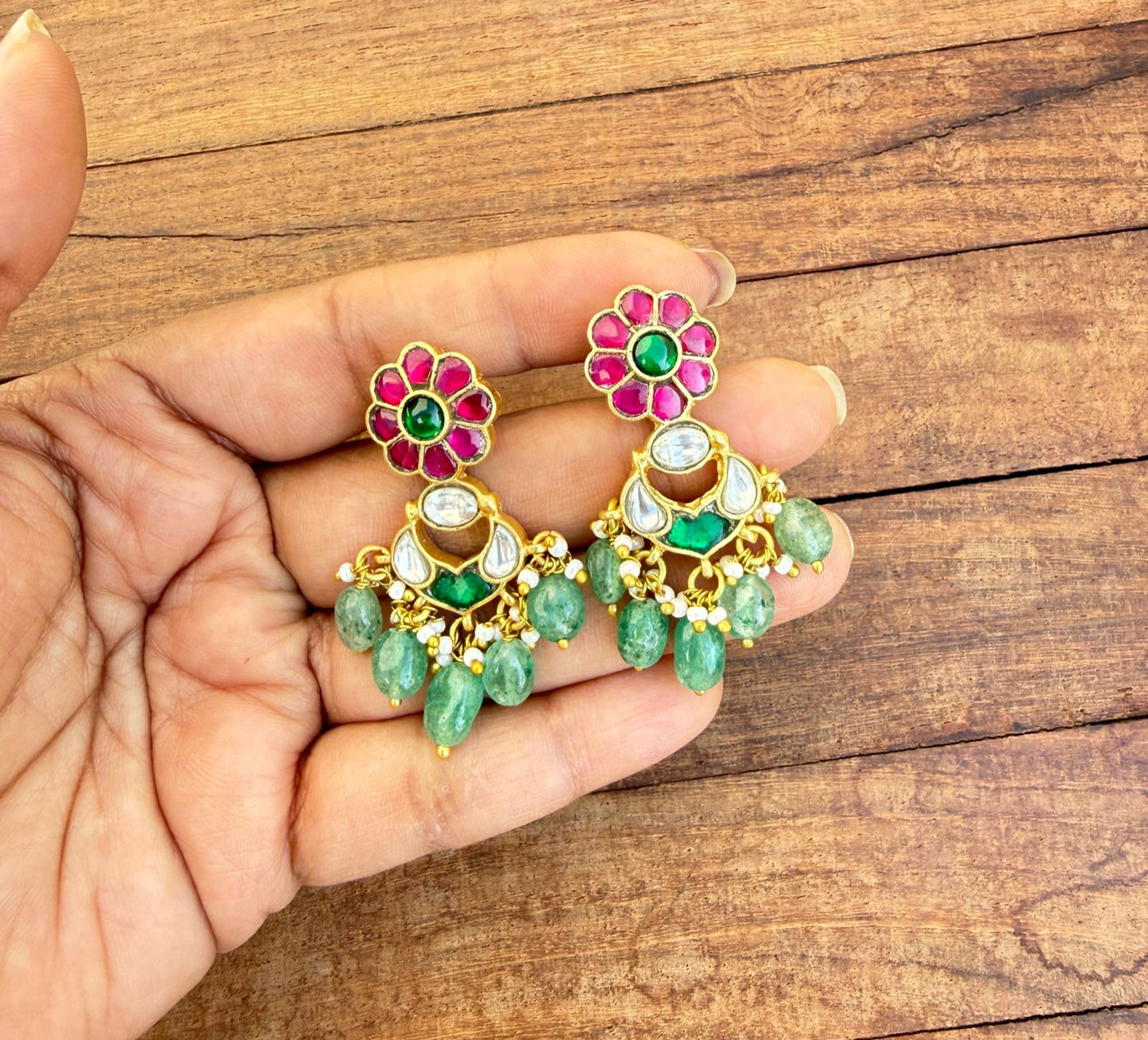 Flower real Kundan heart chandbali earrings design2