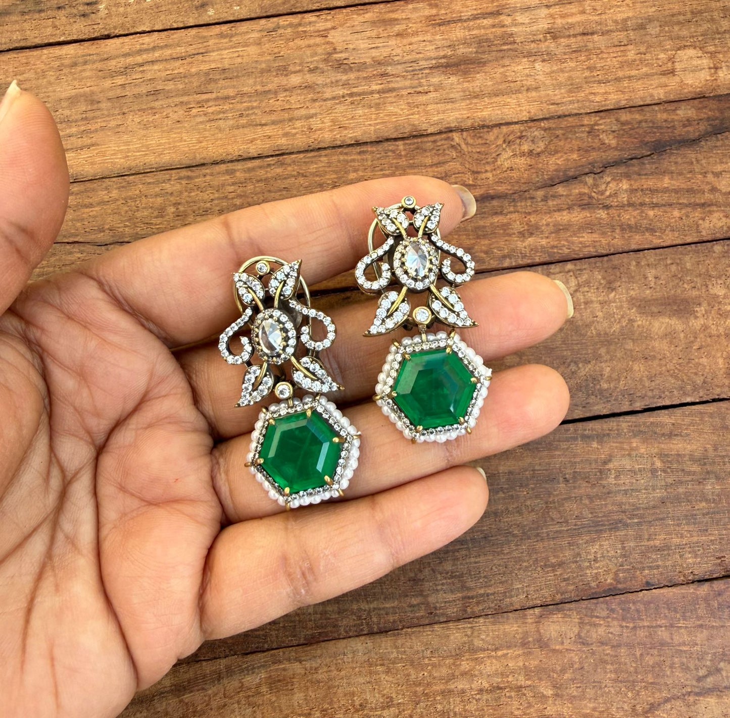 Royal emerald pearl statement moissanite earrings