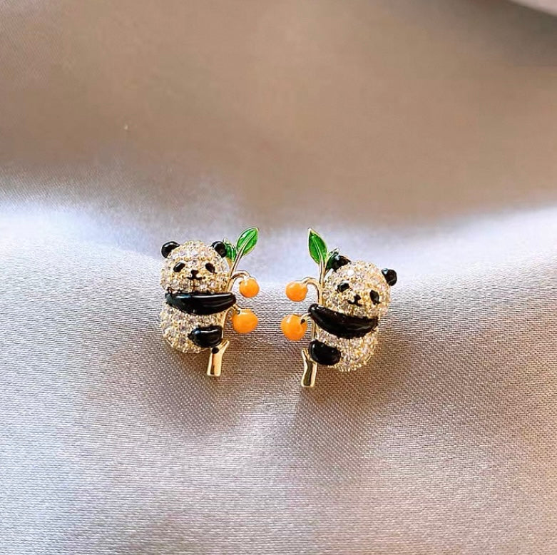 sterling silver rhinestone peach panda earrings