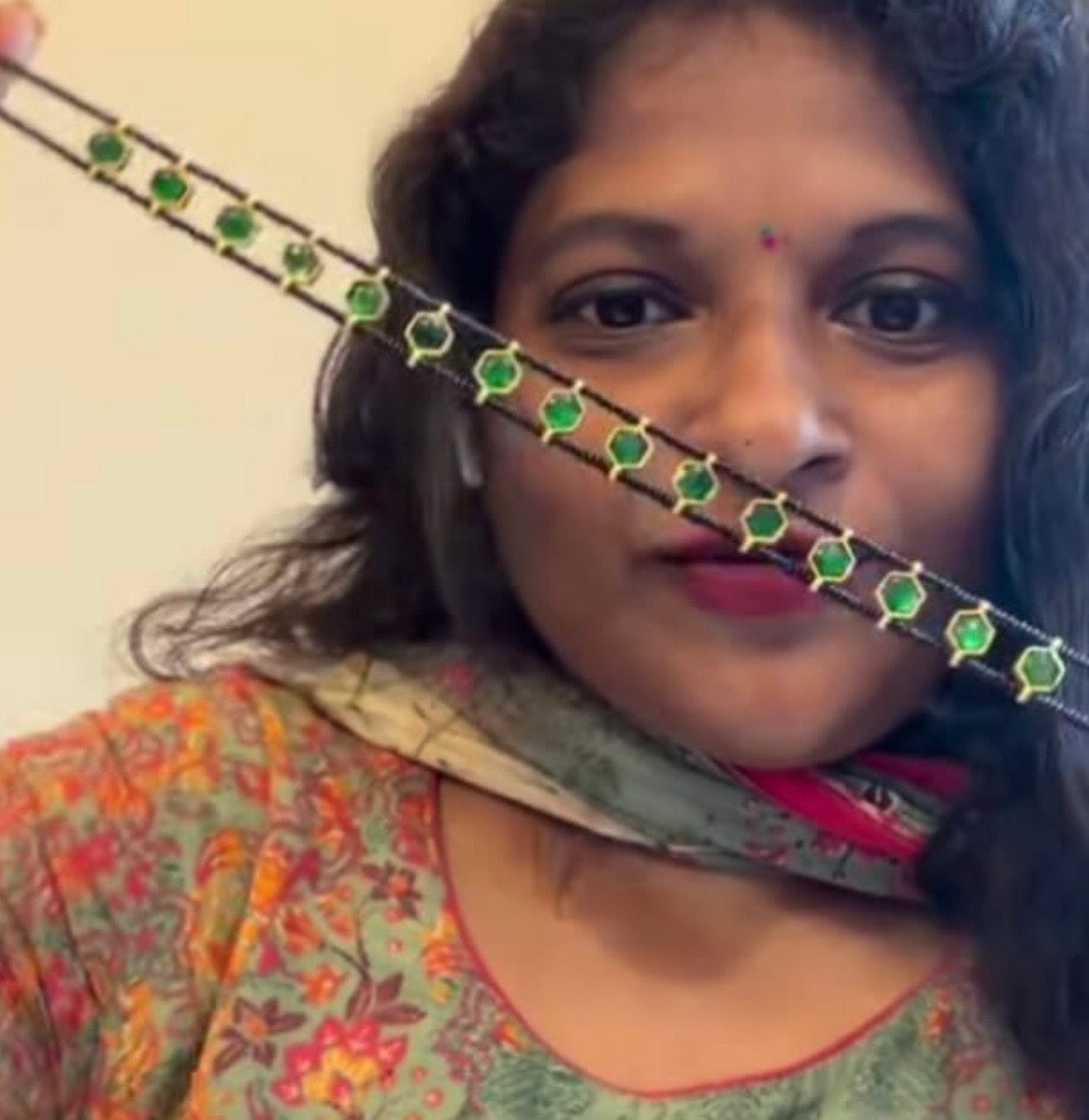 Black beads green pentagon shape real kundan choker