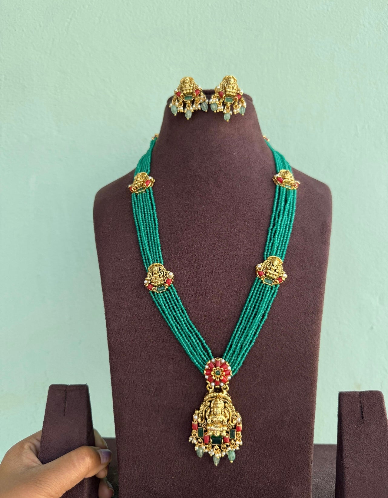 Lakshmi devi beaded long mala coral with earrings