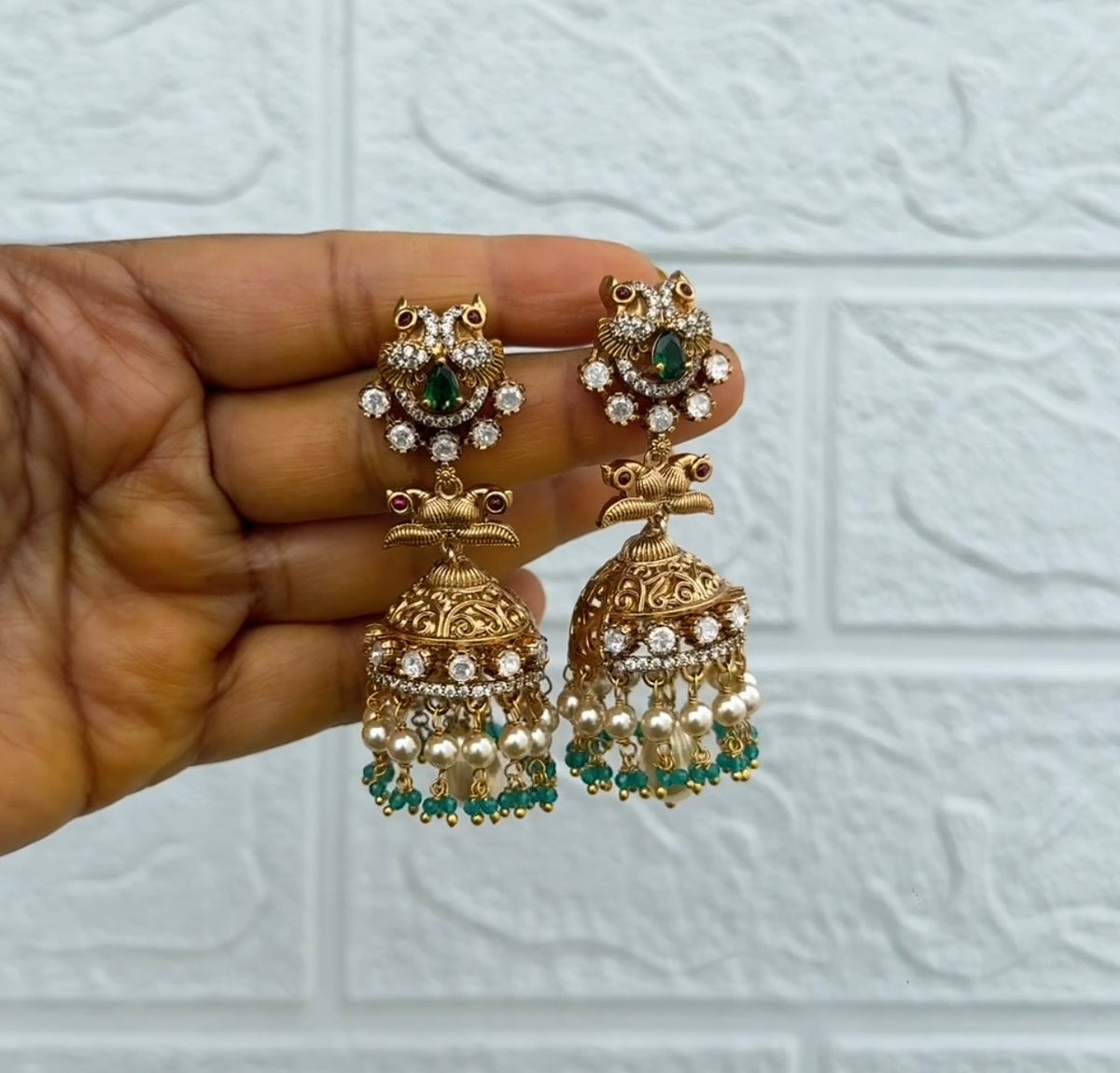 Moissanite dual peacock stone victorian jhumkas 5