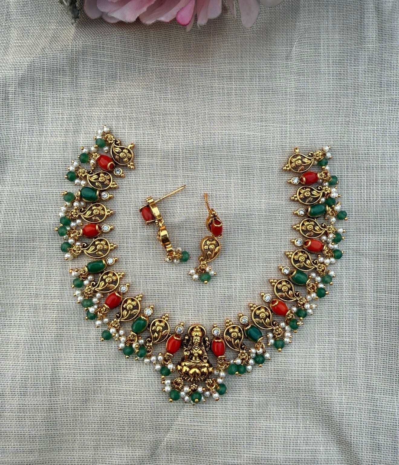 Lakshmi mango flower coral green necklace with earrings