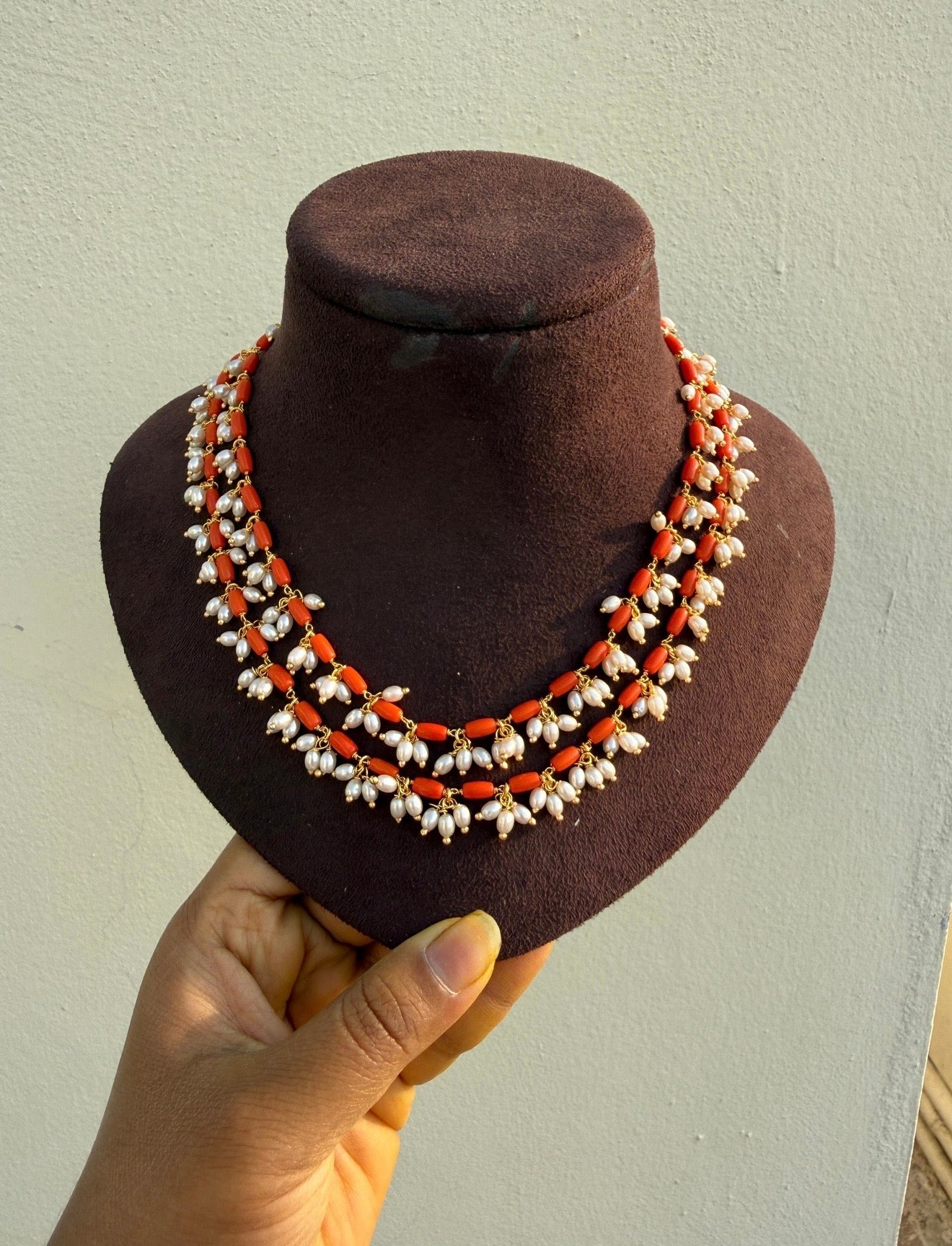 Two layered rice pearl coral beads maala
