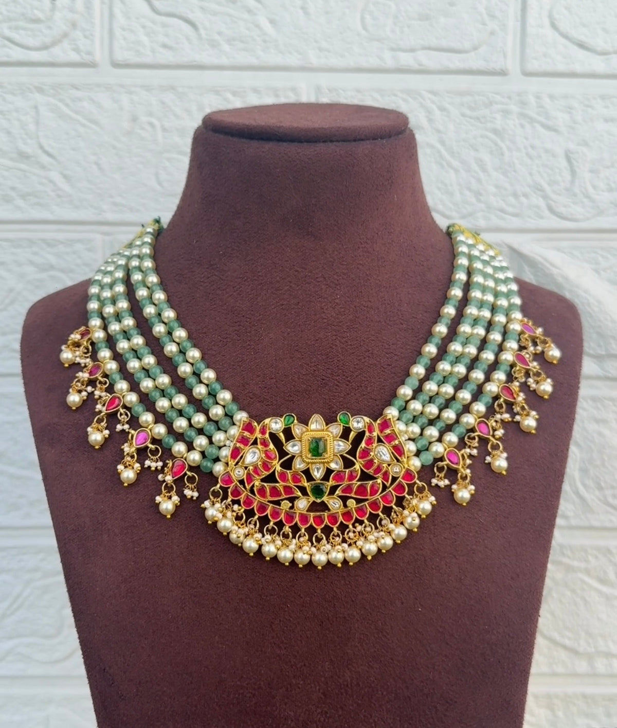 Dual peacock five layered pearl heavy locket designer necklace