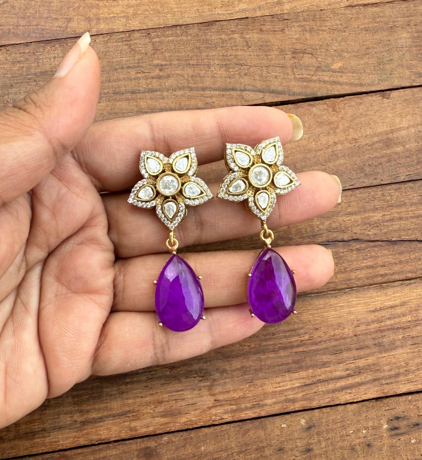 Flower moissanite double stone designer pearl drop earrings