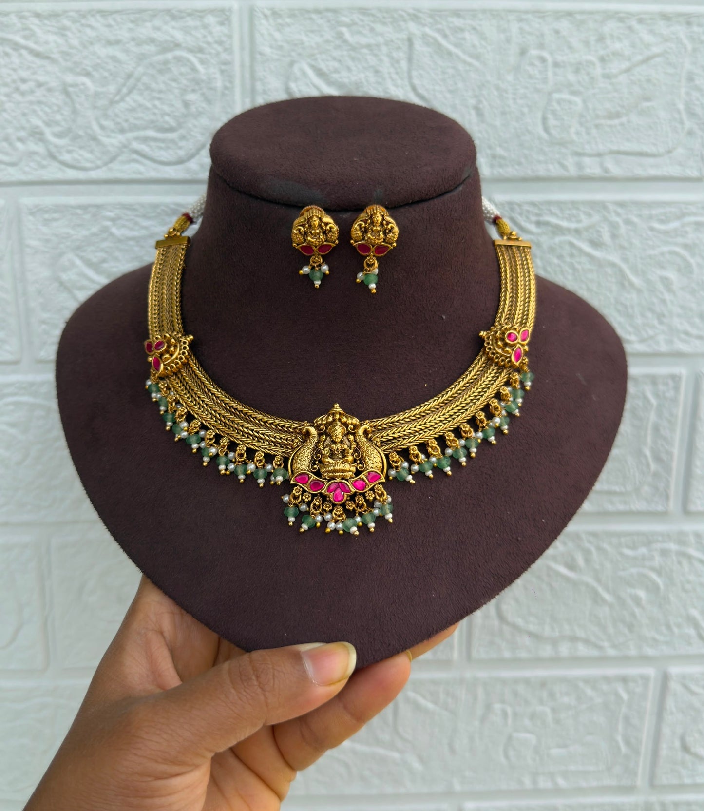 Three layered nano lakshmi real kundan necklace with earrings