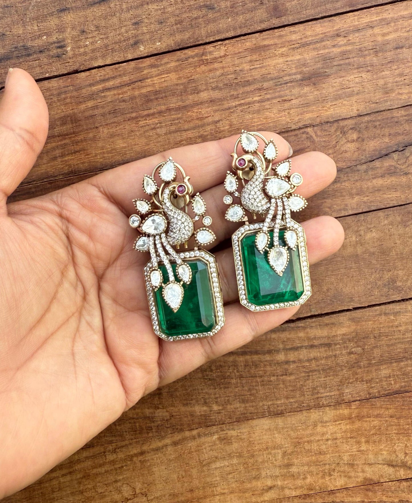 Parrot embossed moissanite stone doublet stone statement earrings