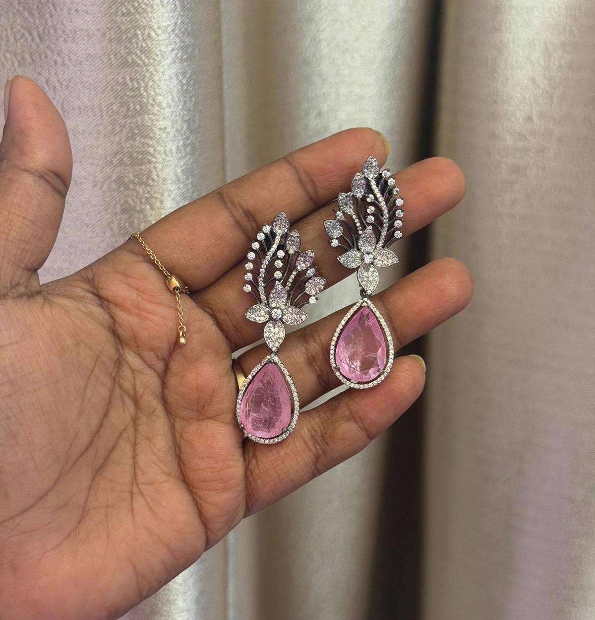Statement diamond finish pink drop earrings