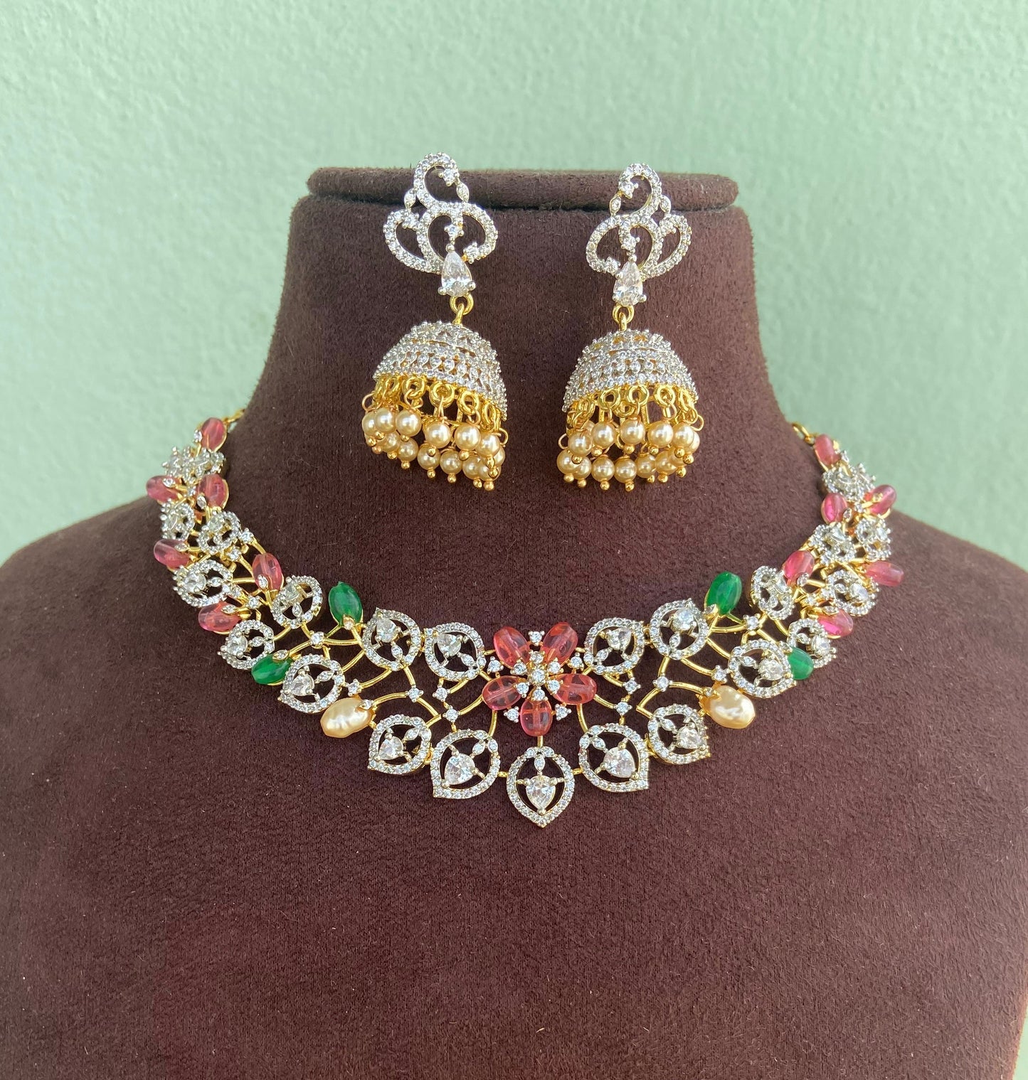 Diamond finish 1999 sale choker jhumkas