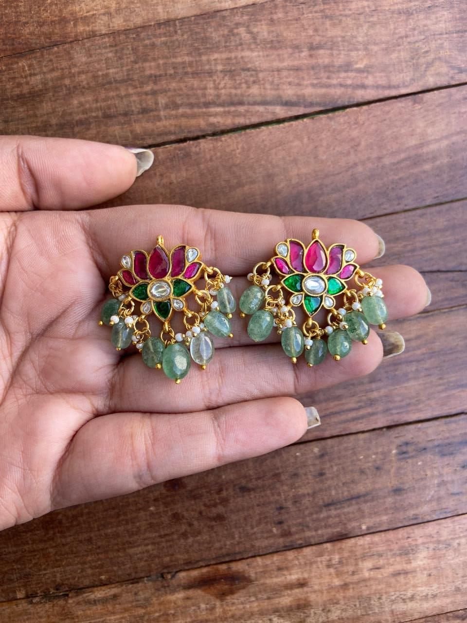 Affordable real kundan lotus russian bead studs - Alluring Accessories