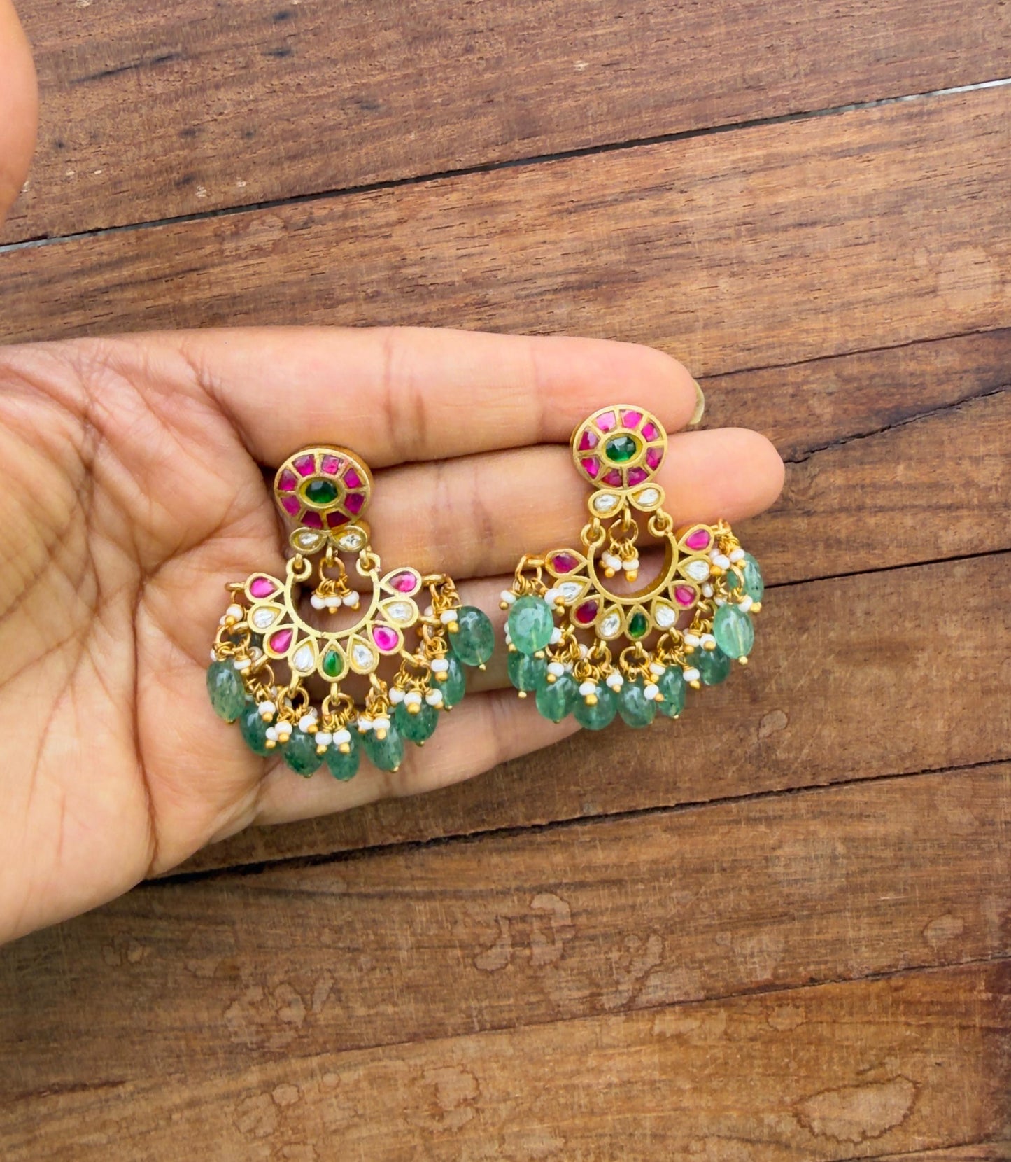 Oval medium size real kundan chandbali earrings design4
