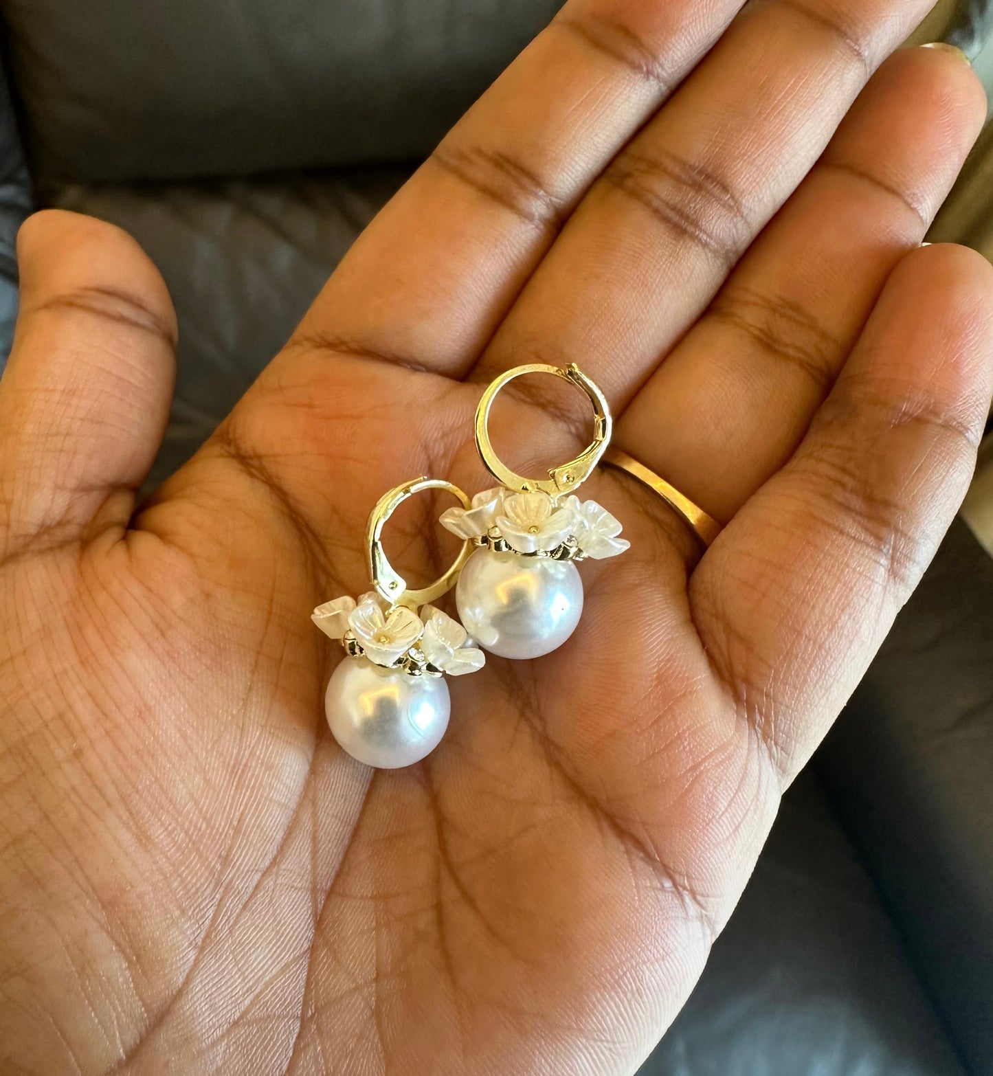 Ceramic flower embossed pearl drop earrings