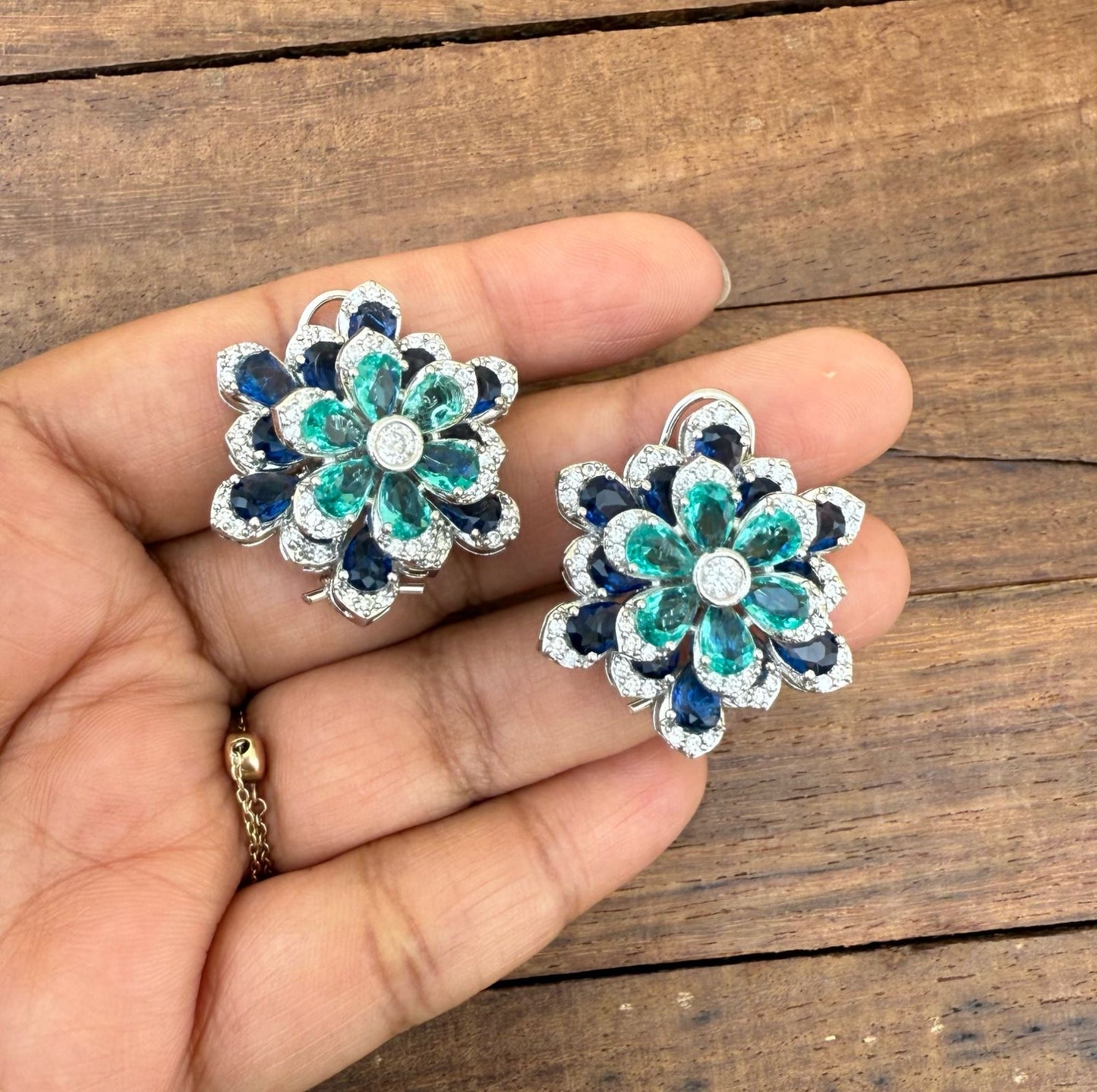 2 in 1 changeable dual shaded flower zircon cocktail studs