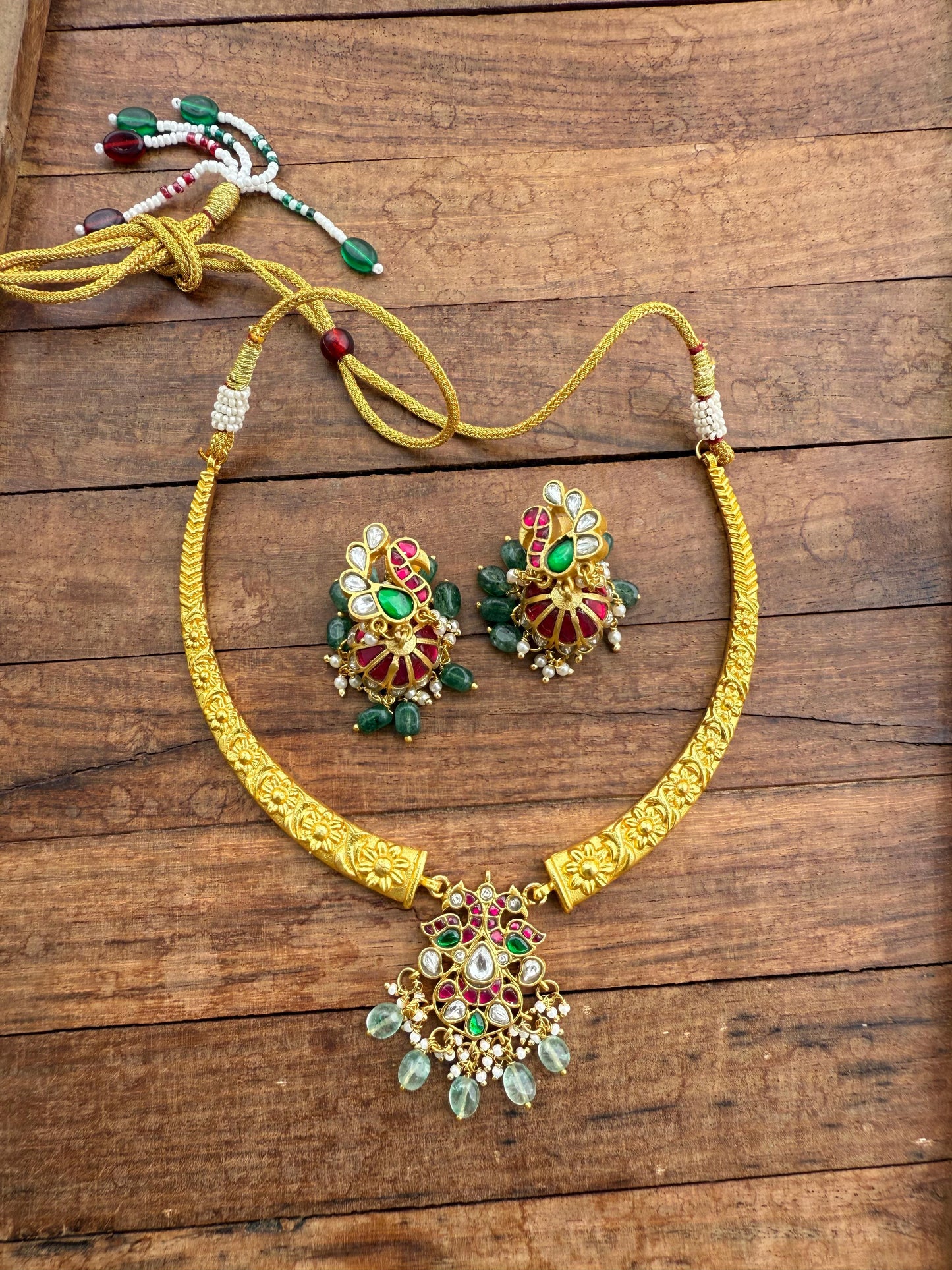 Dual peacock real kundan flower kante With earrings