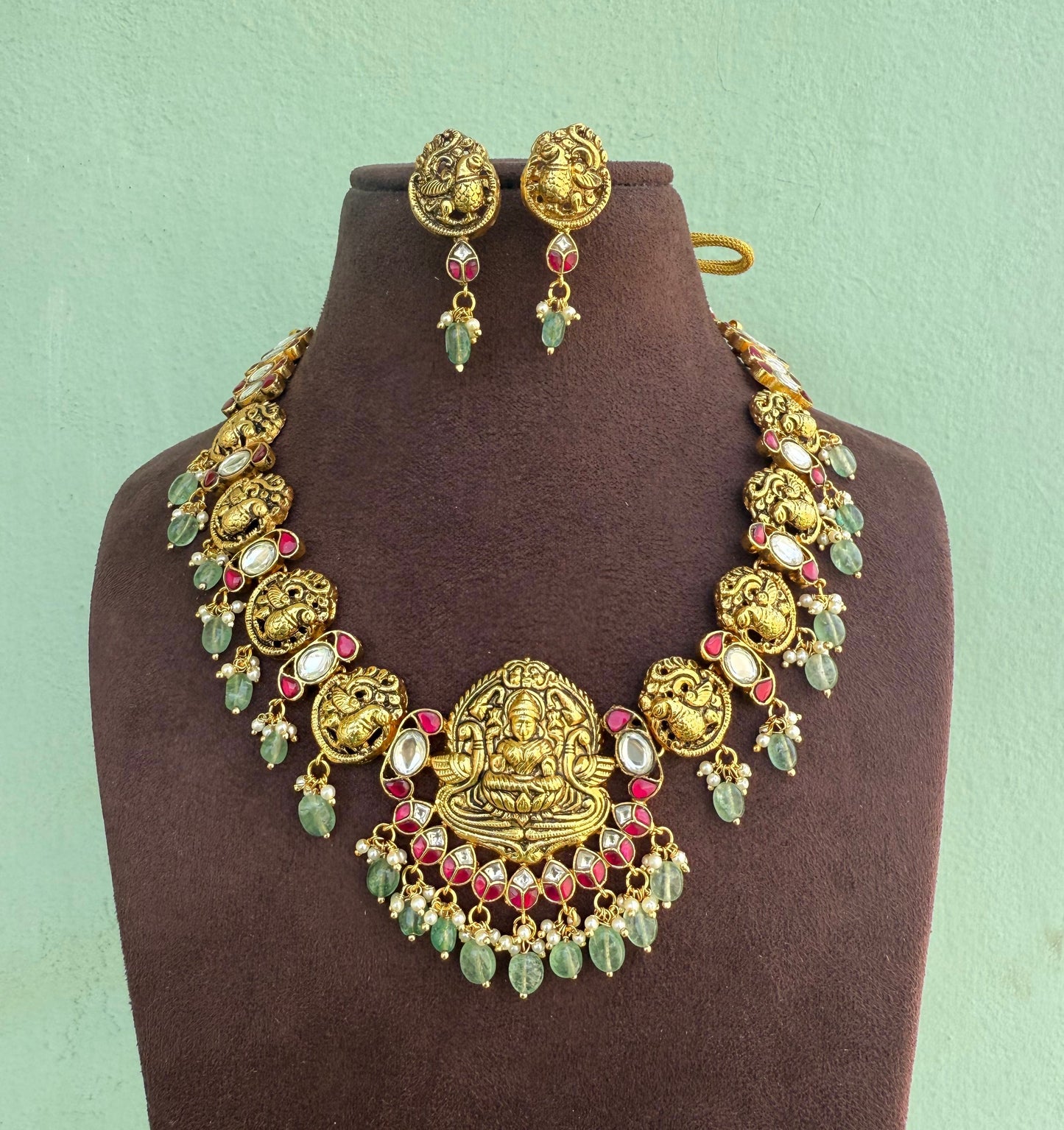 Lakshmi peacock engraved real kundan heavy necklace