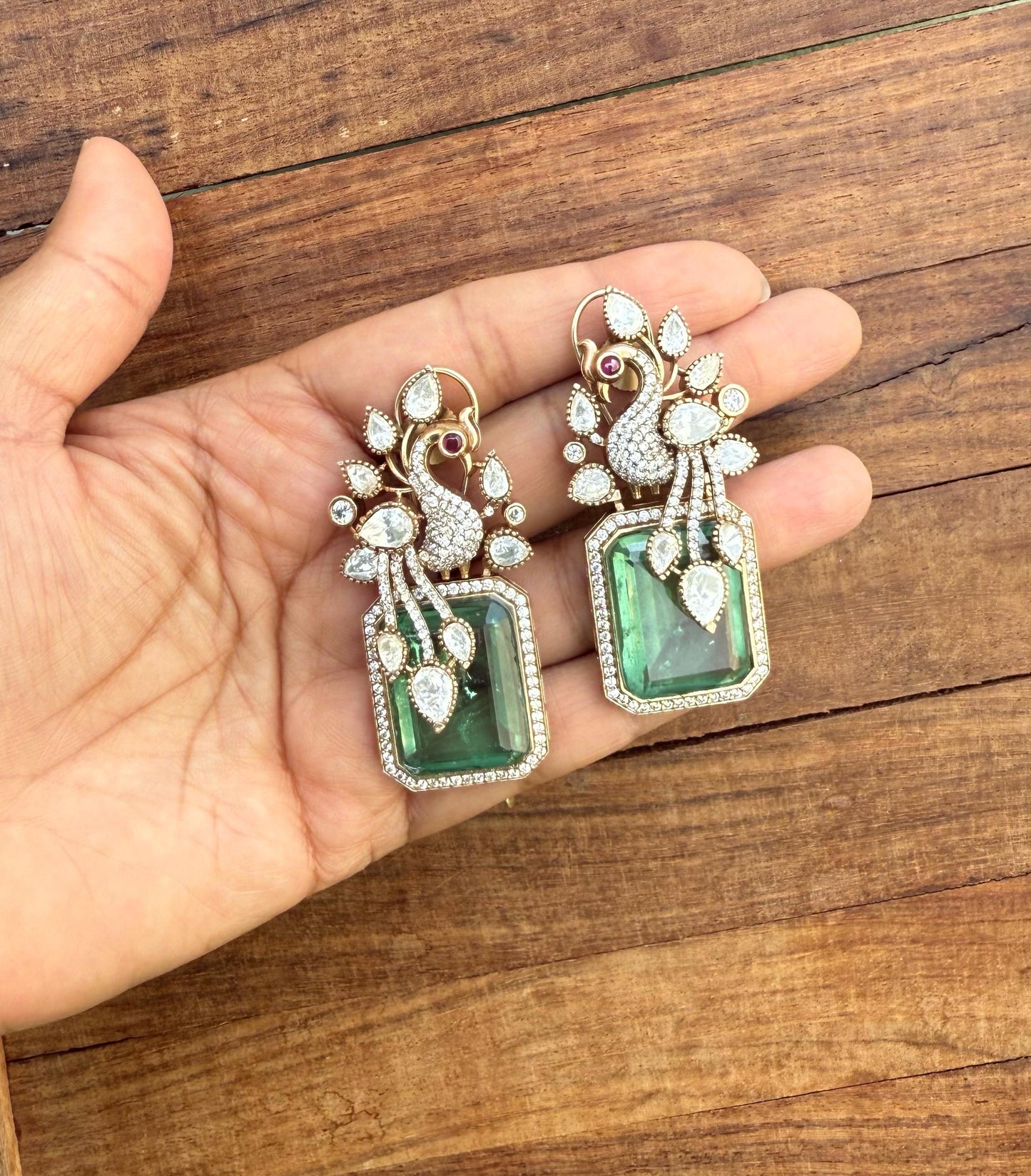 Parrot embossed moissanite stone doublet stone statement earrings