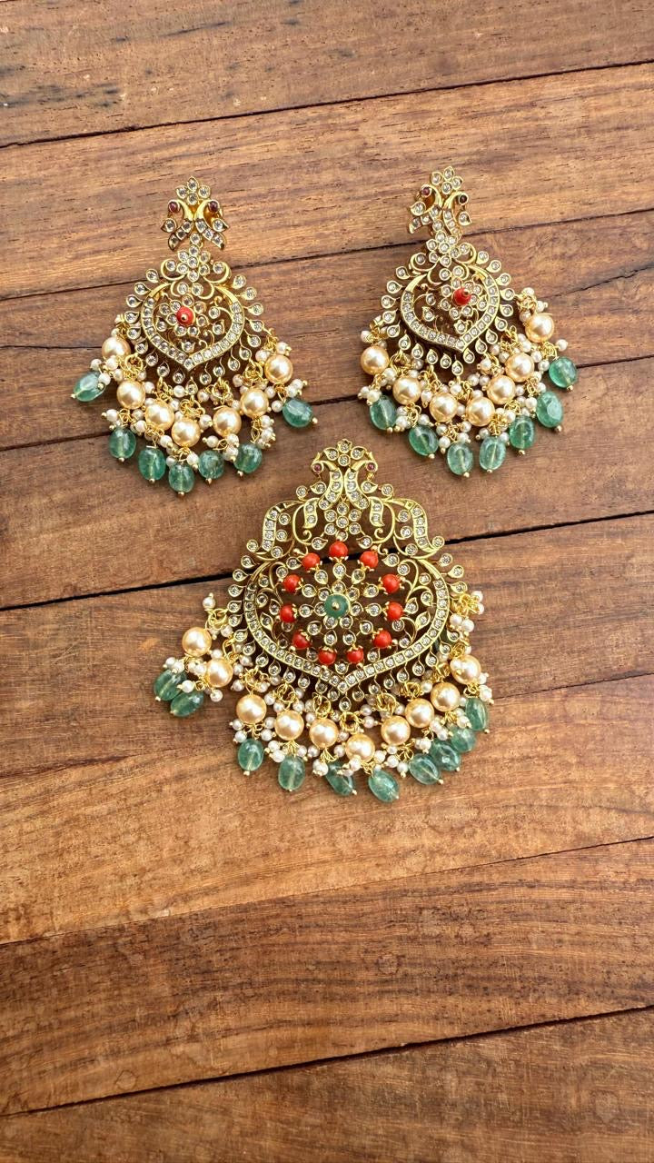 Coral heavy dual peacock locket combo gold finish with chandbalis