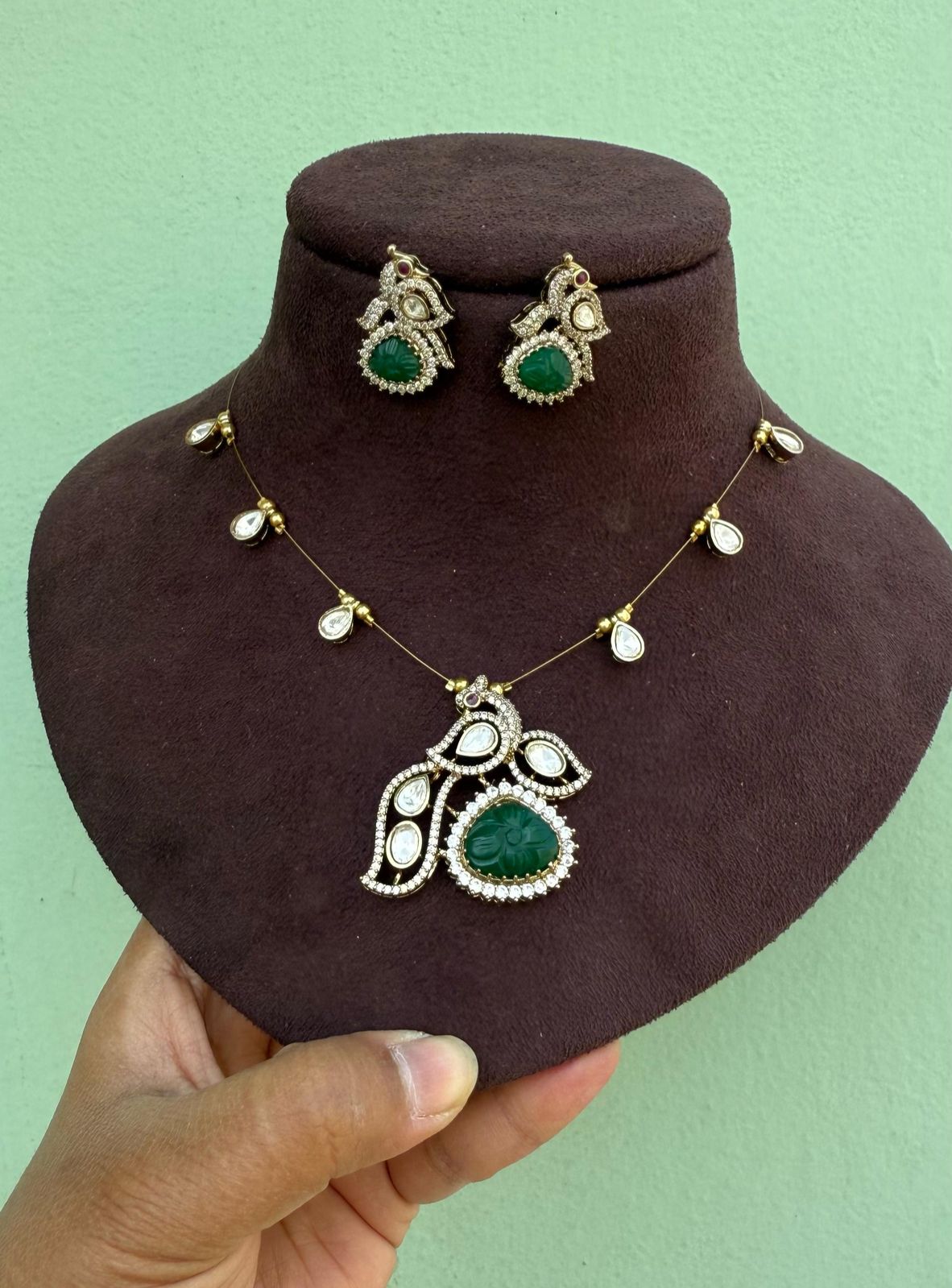 Emerald engraved peacock moissanite invisible necklace
